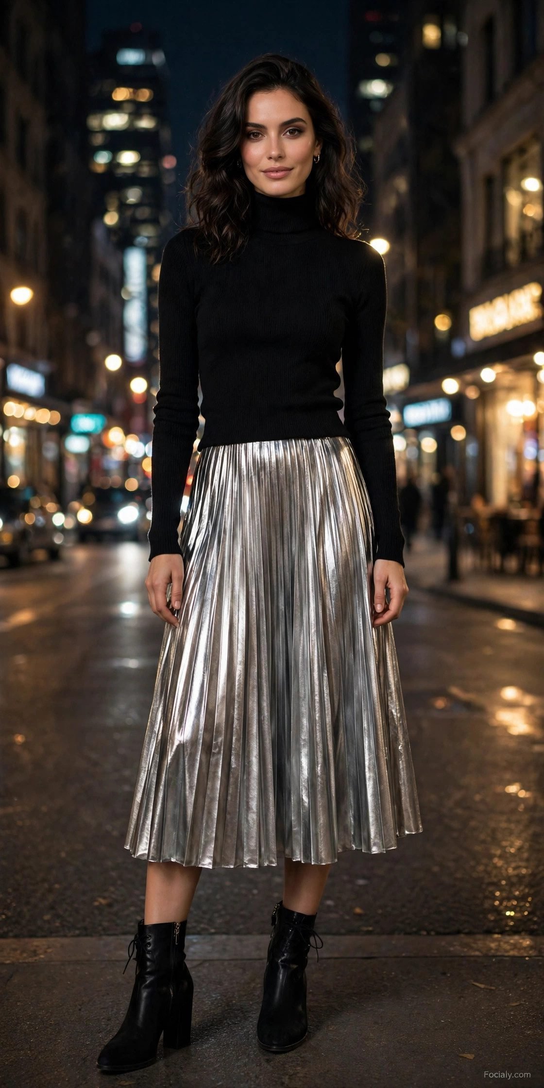 Woman in a metallic skirt with a black top for a fall night out