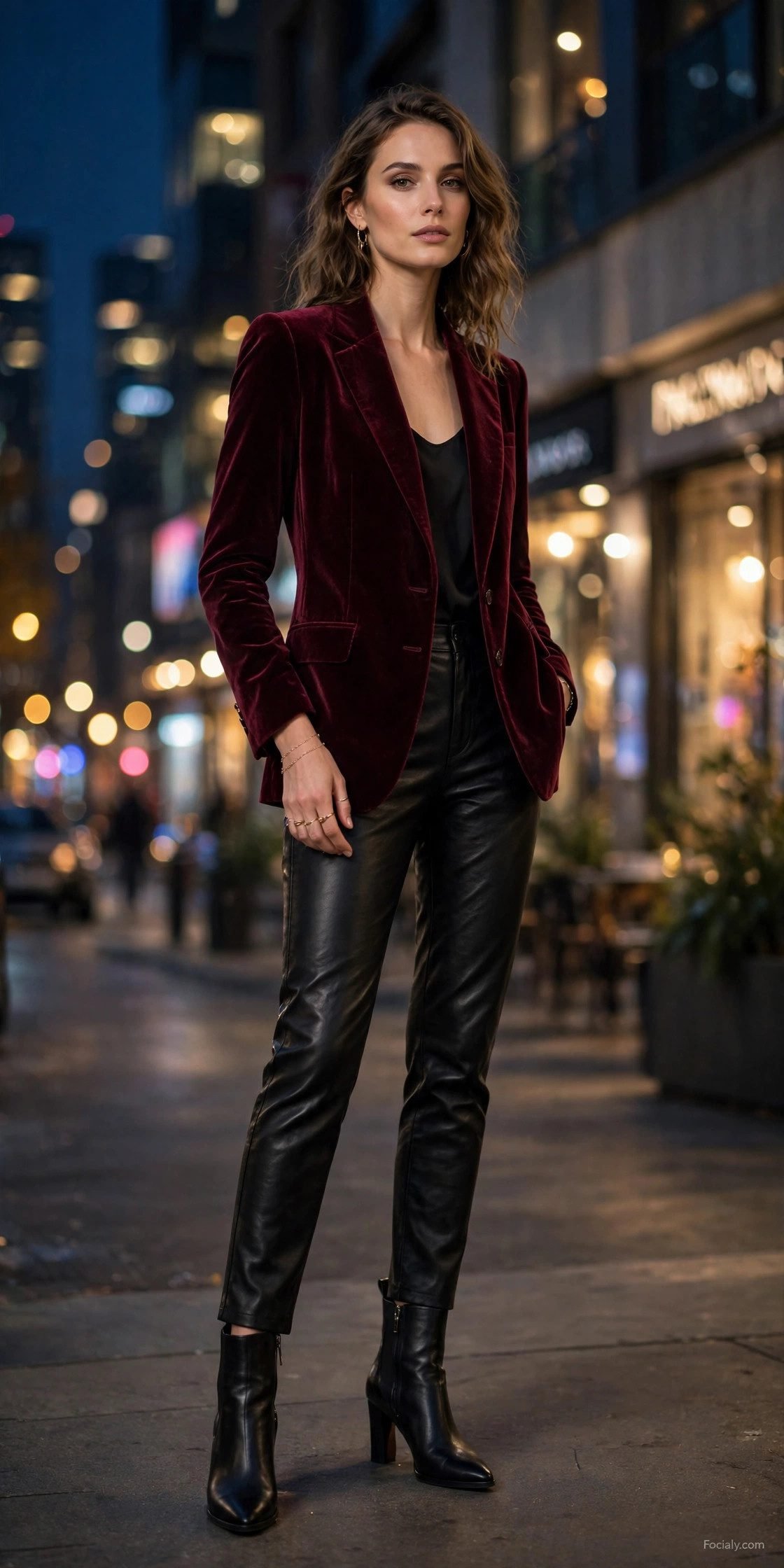 Woman wearing a burgundy velvet blazer with black leather pants on a city night out