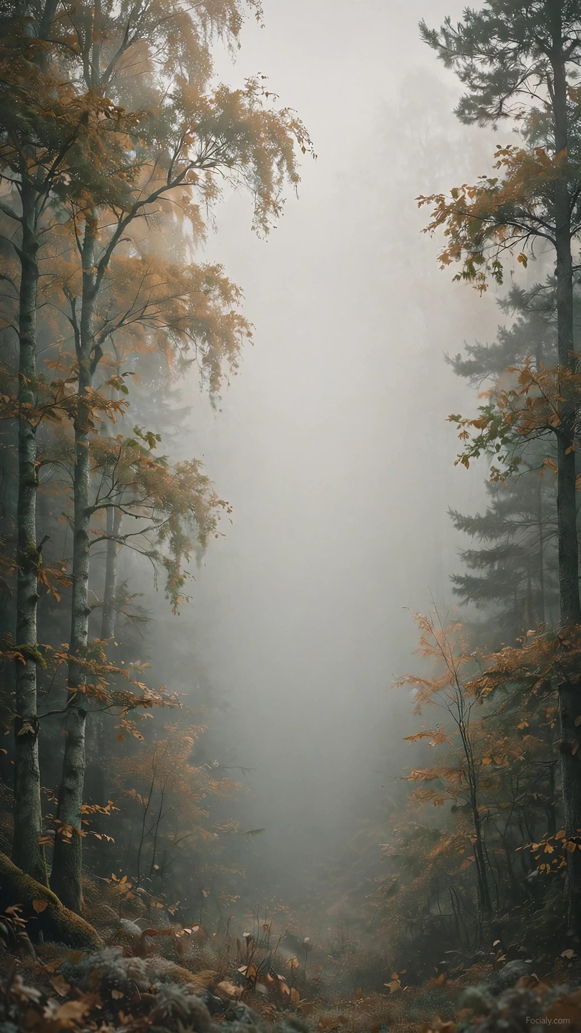 Moody autumn forest fading into soft fog phone wallpaper