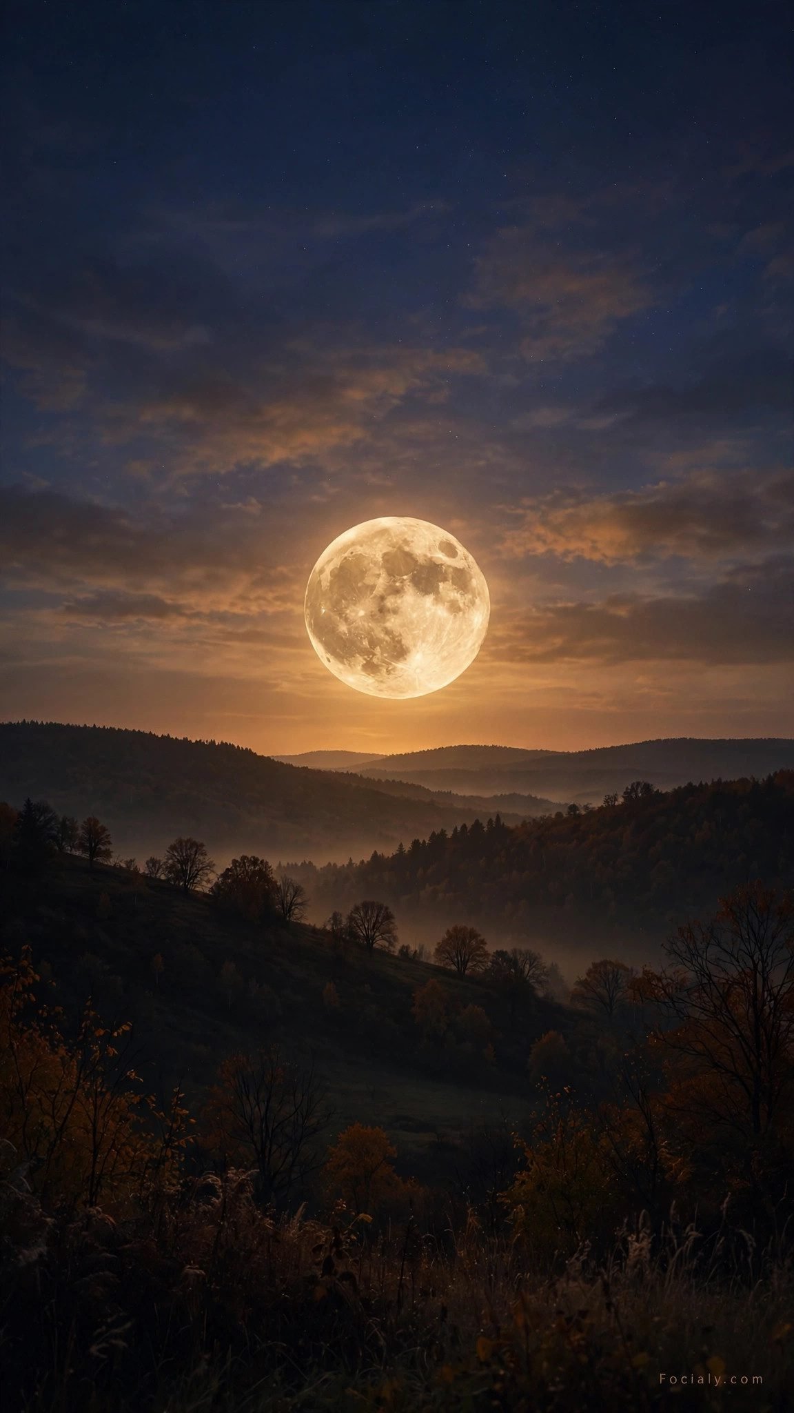 Large harvest moon over dark autumn hills phone wallpaper
