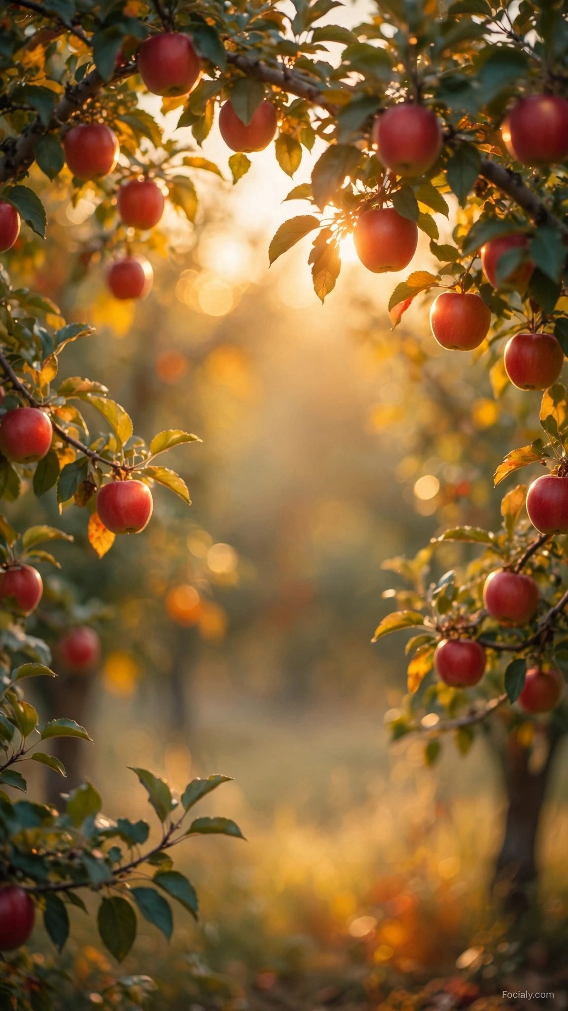 Soft focus apple orchard with red apples phone wallpaper