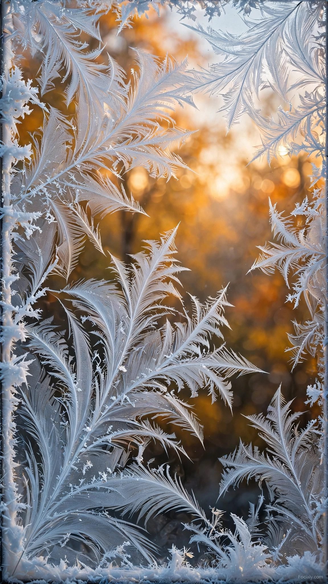 Frost patterns on a window with blurred autumn view phone wallpaper