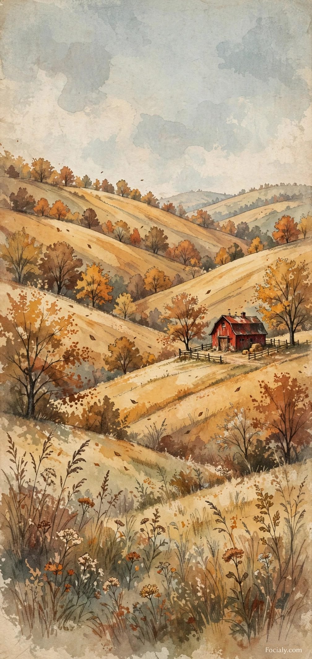 Vintage style fall landscape illustration phone wallpaper