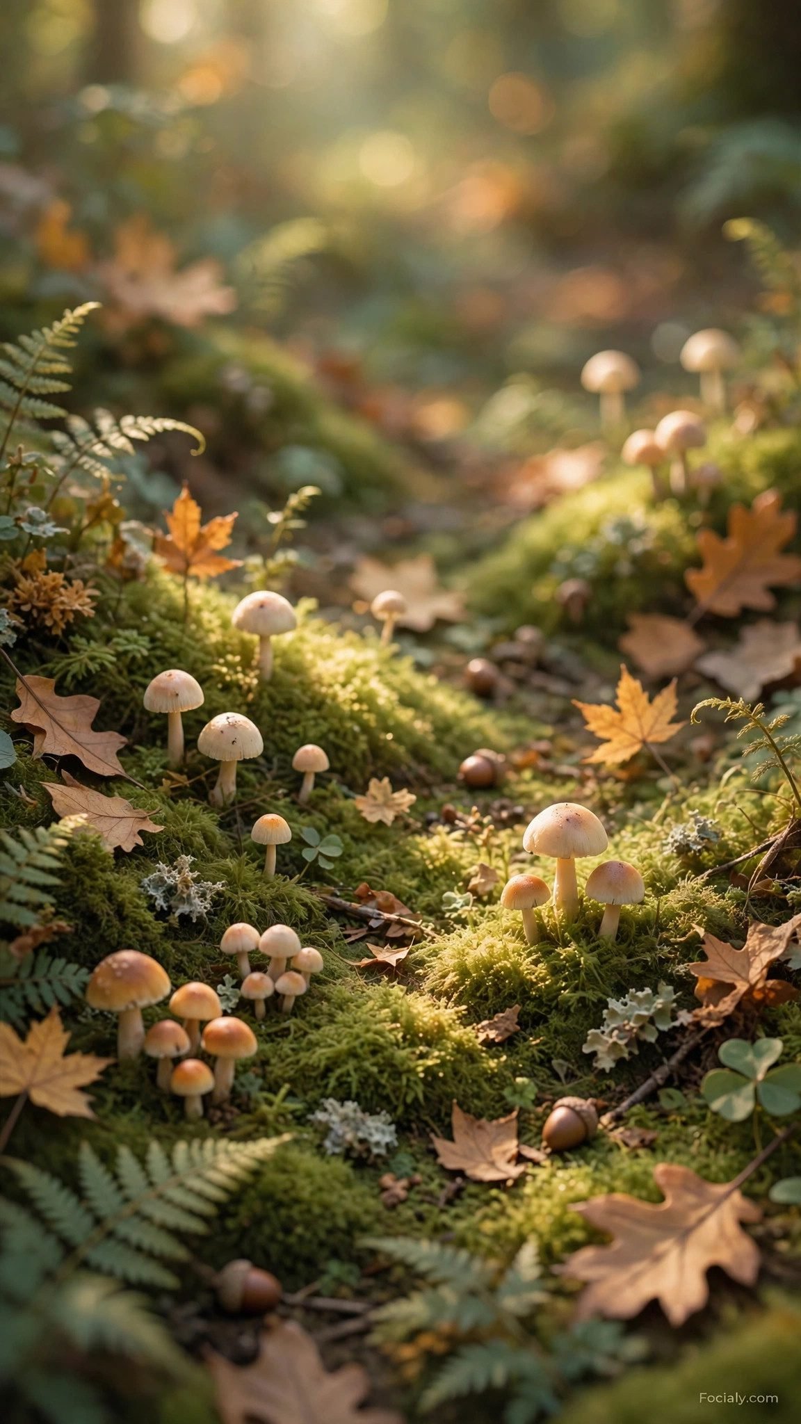 Cute mushrooms and moss on a forest floor phone wallpaper