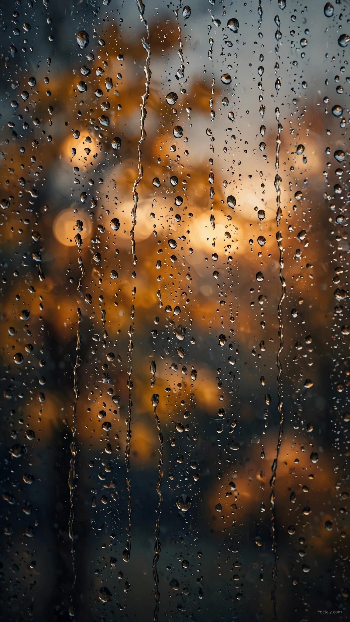 Rain droplets on glass with blurred warm autumn foliage phone wallpaper