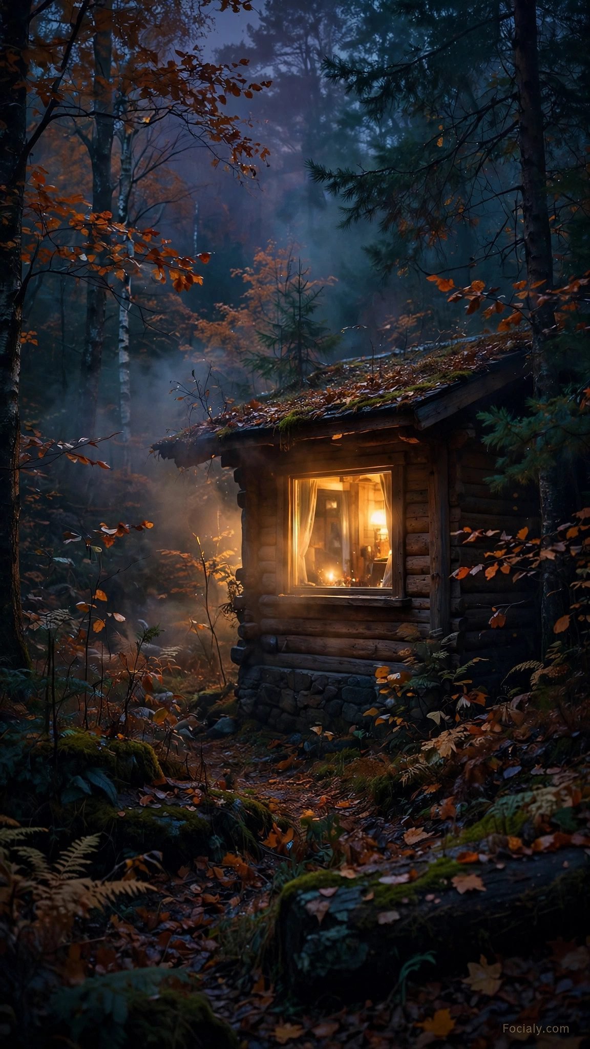 Warm glowing cabin window in autumn woods at dusk phone wallpaper
