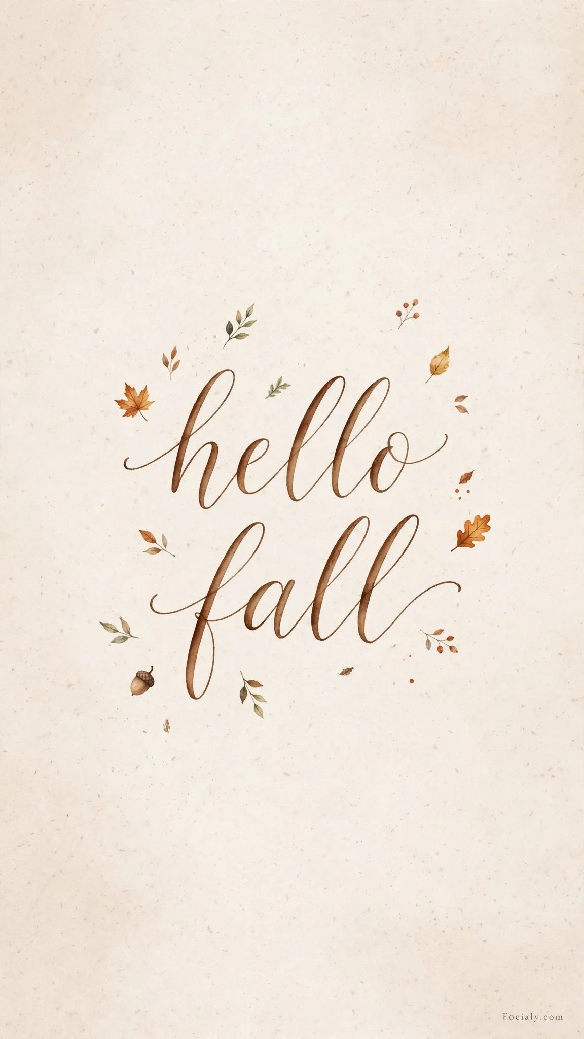 Hand lettered hello fall quote art with small leaves phone wallpaper