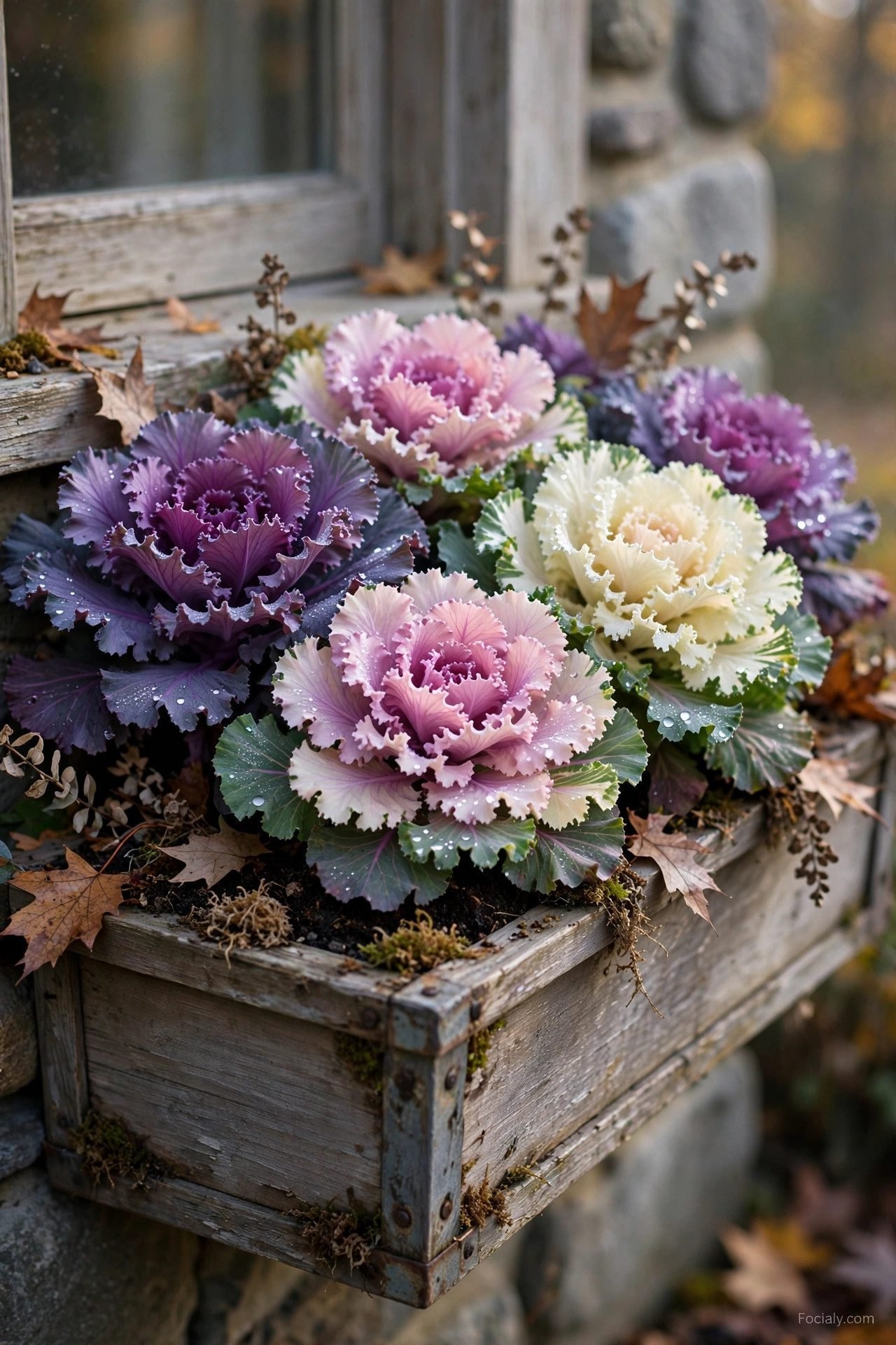 Window box filled with purple and cream ornamental kale and cabbage