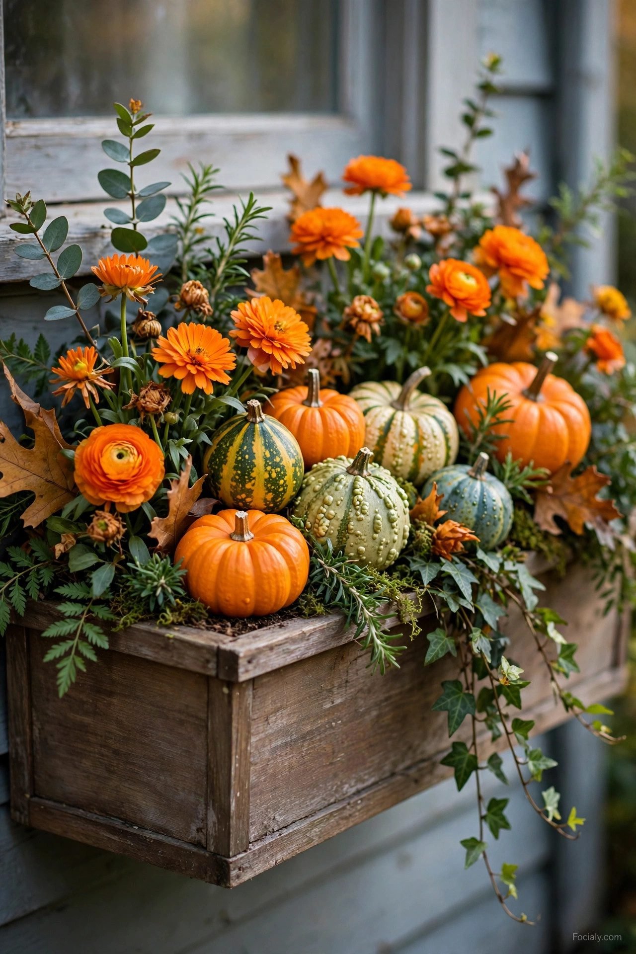 Mini pumpkins and gourds nestled among fall flowers in a window box