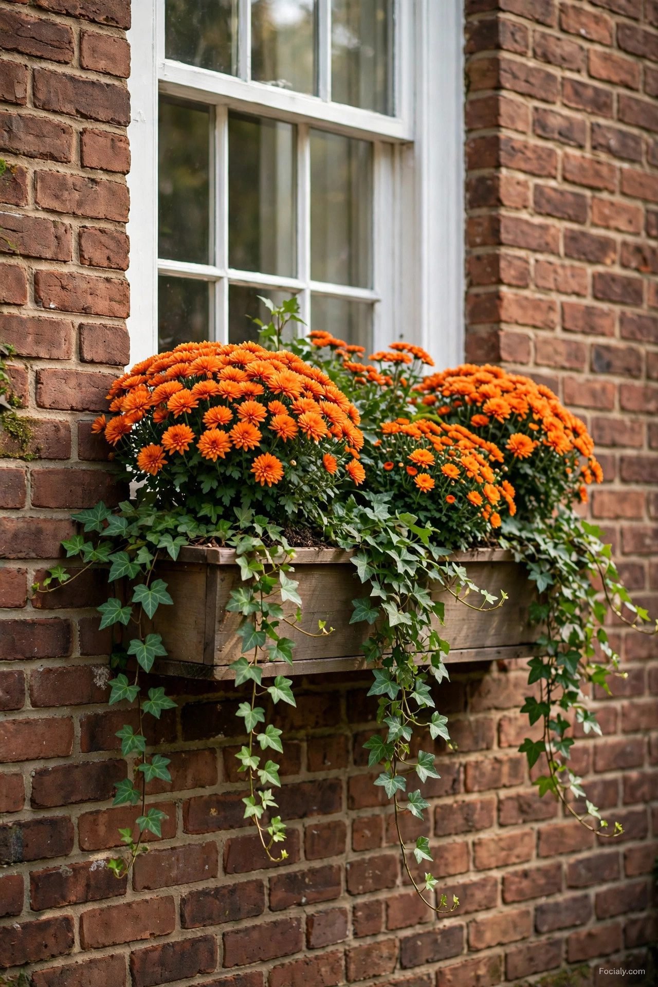 Orange mums with trailing green ivy spilling from a window box