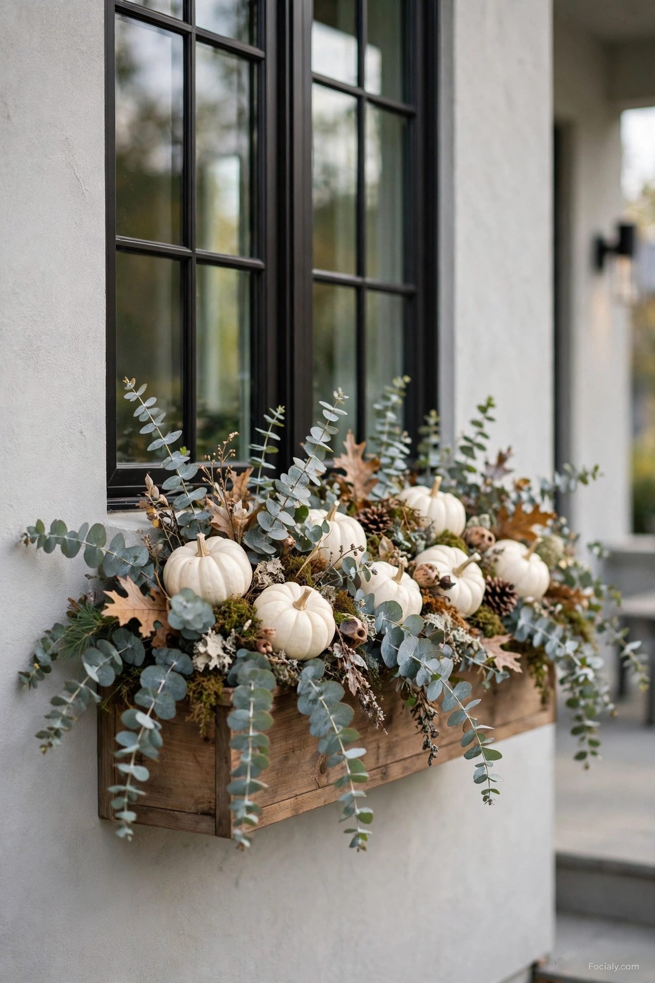 Elegant fall window box with white pumpkins and eucalyptus