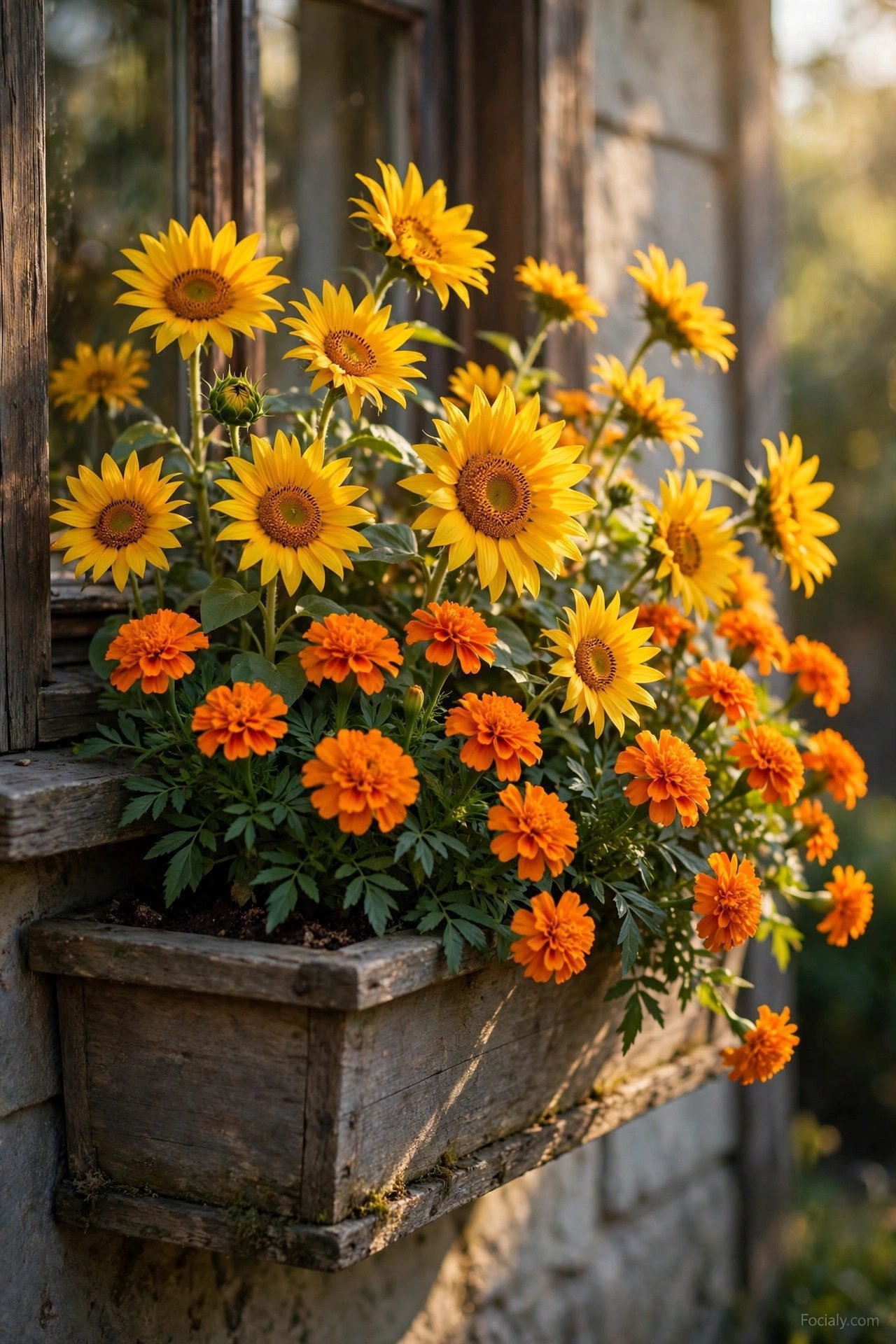 Window box bursting with golden sunflowers and marigolds