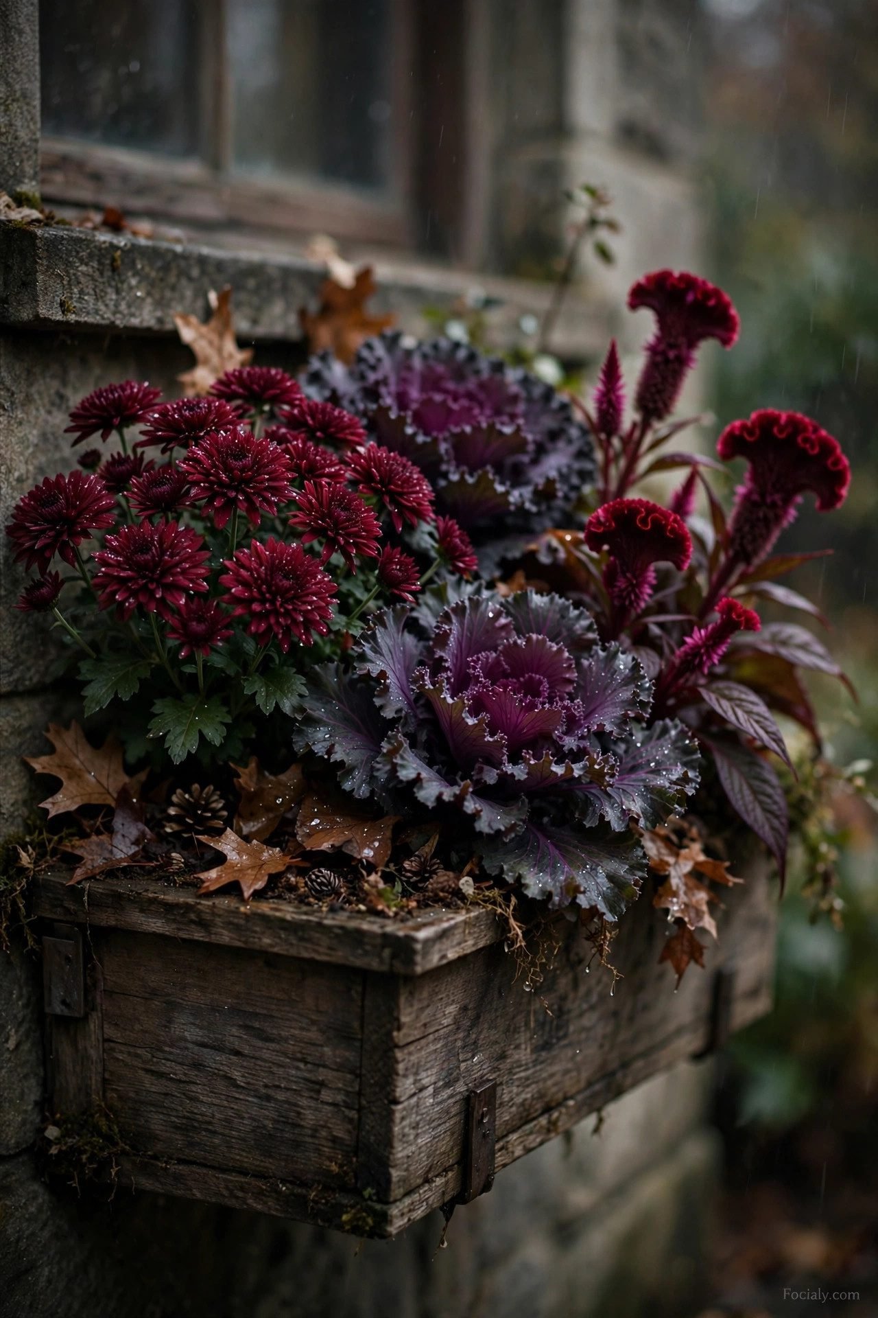 Moody fall window box with burgundy mums and plum kale