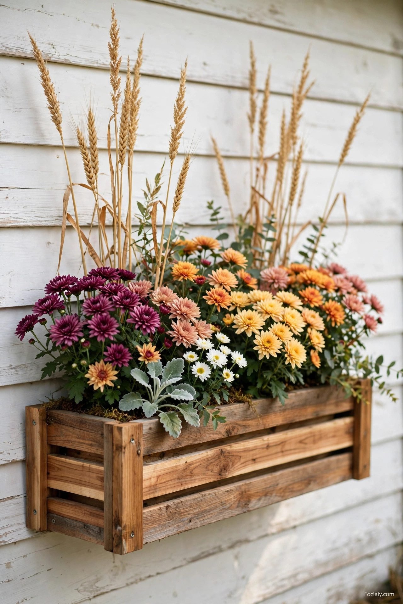 Rustic cedar window box with mums and dried wheat stalks