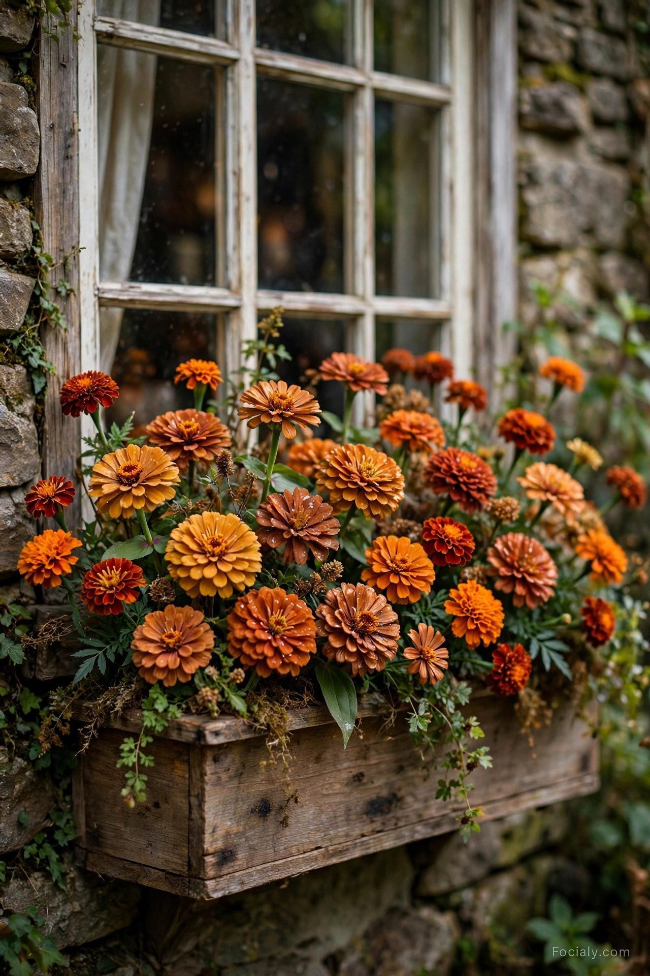 Cottage window box with amber and rust zinnias and marigolds