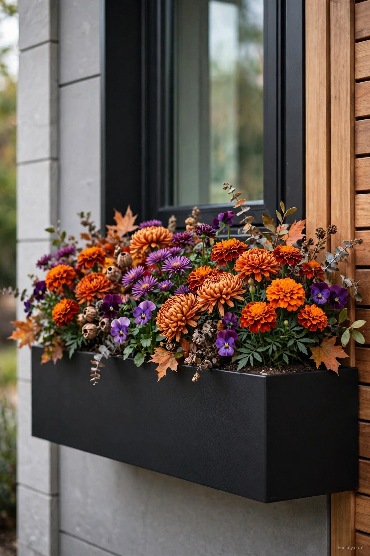 Modern black window box with vivid orange and purple fall blooms