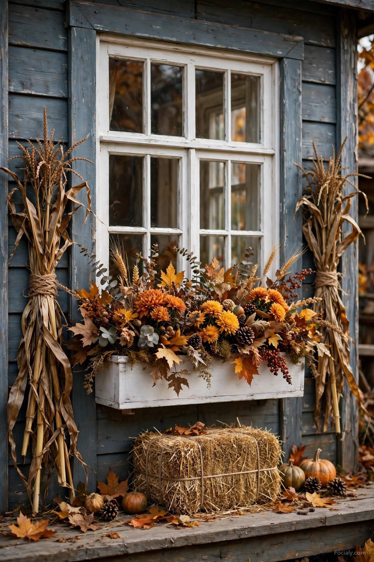 Fall window box flanked by corn stalks with a mini hay bale
