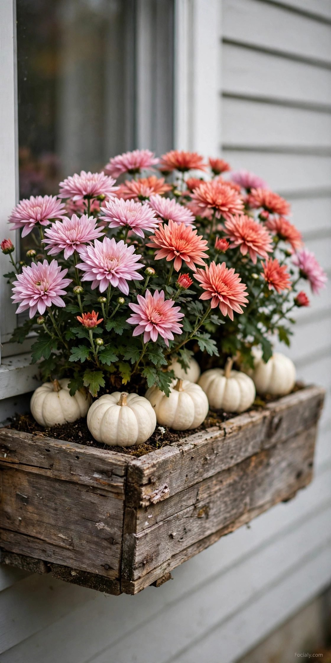 Window box with soft pink and coral mums and white pumpkins