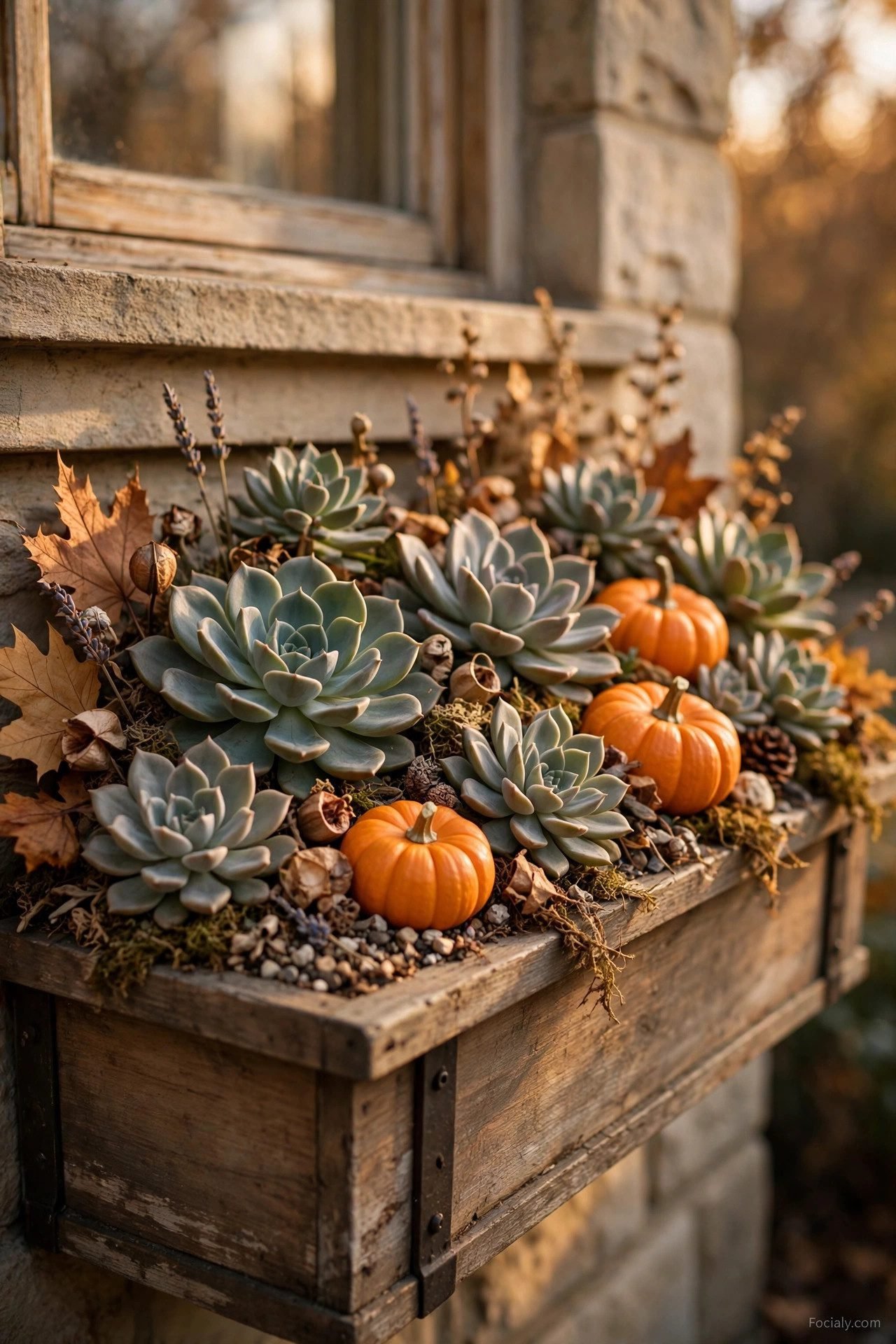Fall window box with succulents and tiny pumpkins