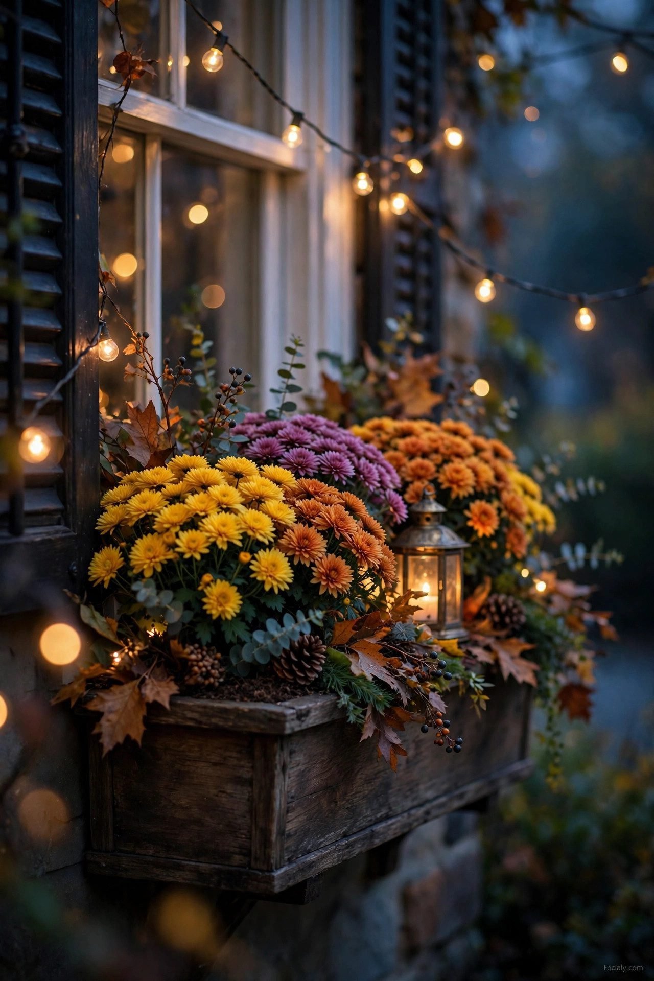 Fall window box with mums glowing beside a lantern at dusk
