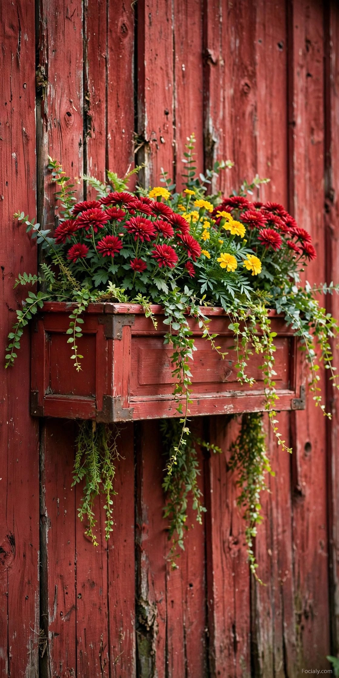 Classic red barn window box with red mums and yellow marigolds
