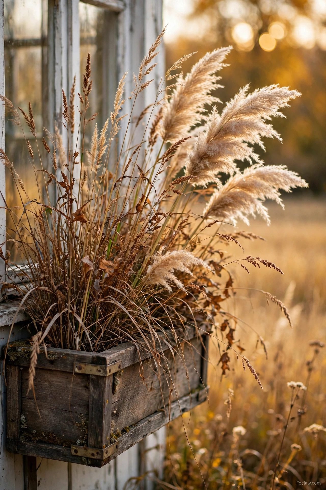 Tall fall window box with dried grasses and pampas plumes