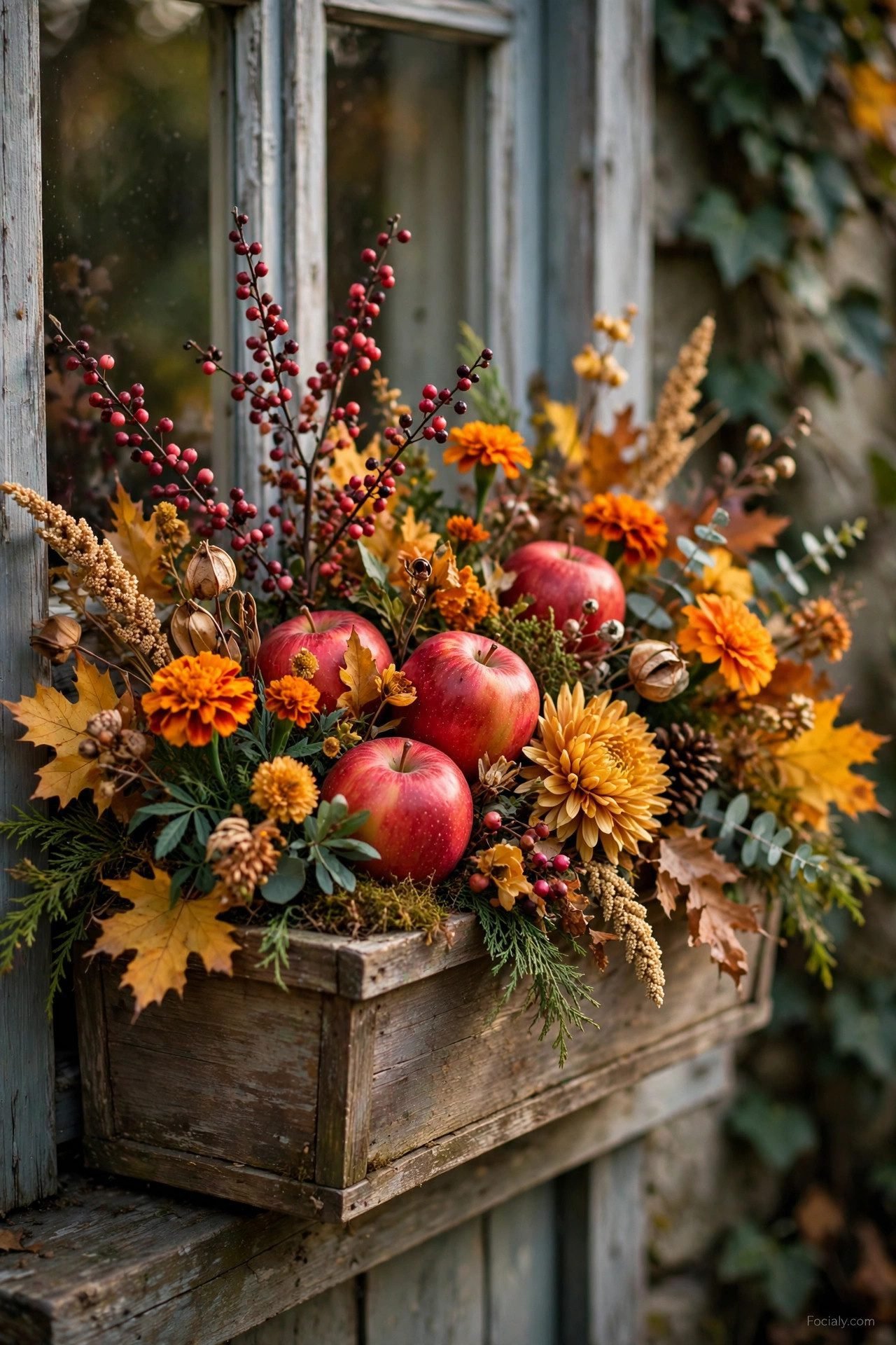 Harvest window box with apples and berry sprays among fall blooms