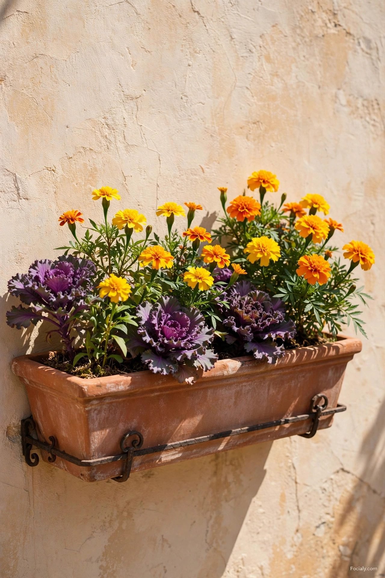 Terra cotta window box with marigolds and ornamental kale