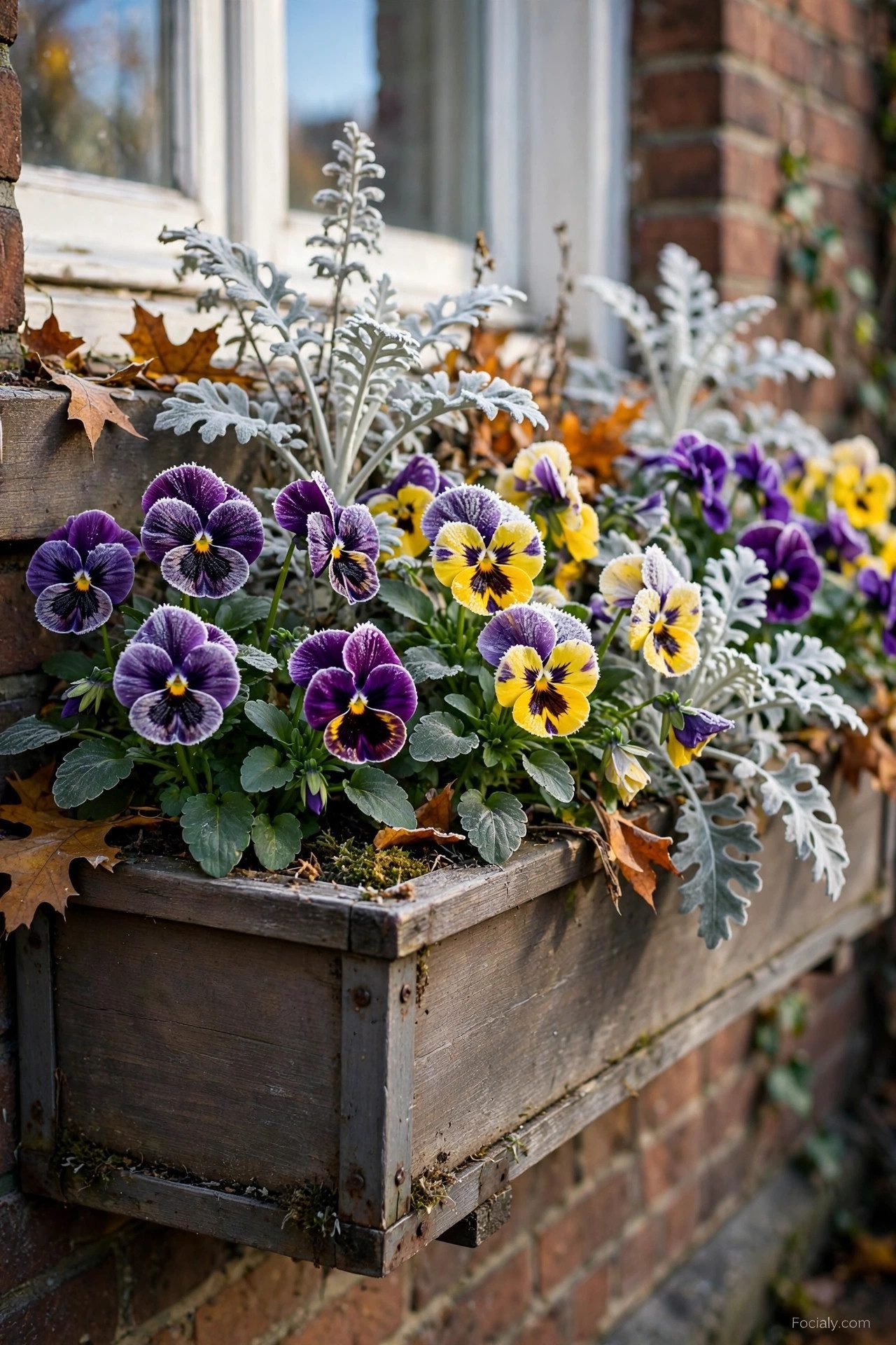 Fall window box with frost-hardy pansies and dusty miller