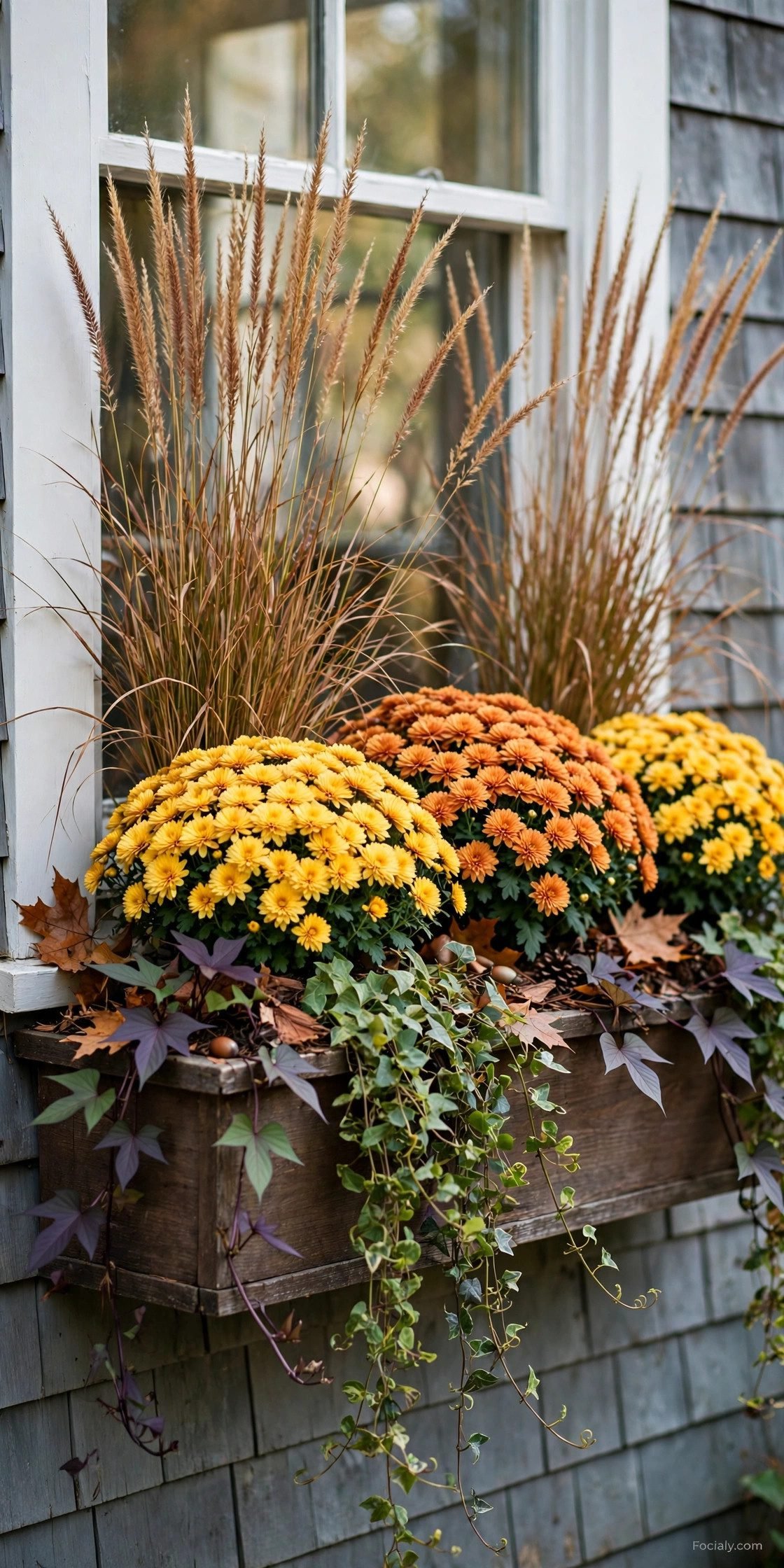 Window box arranged with thriller filler spiller fall design