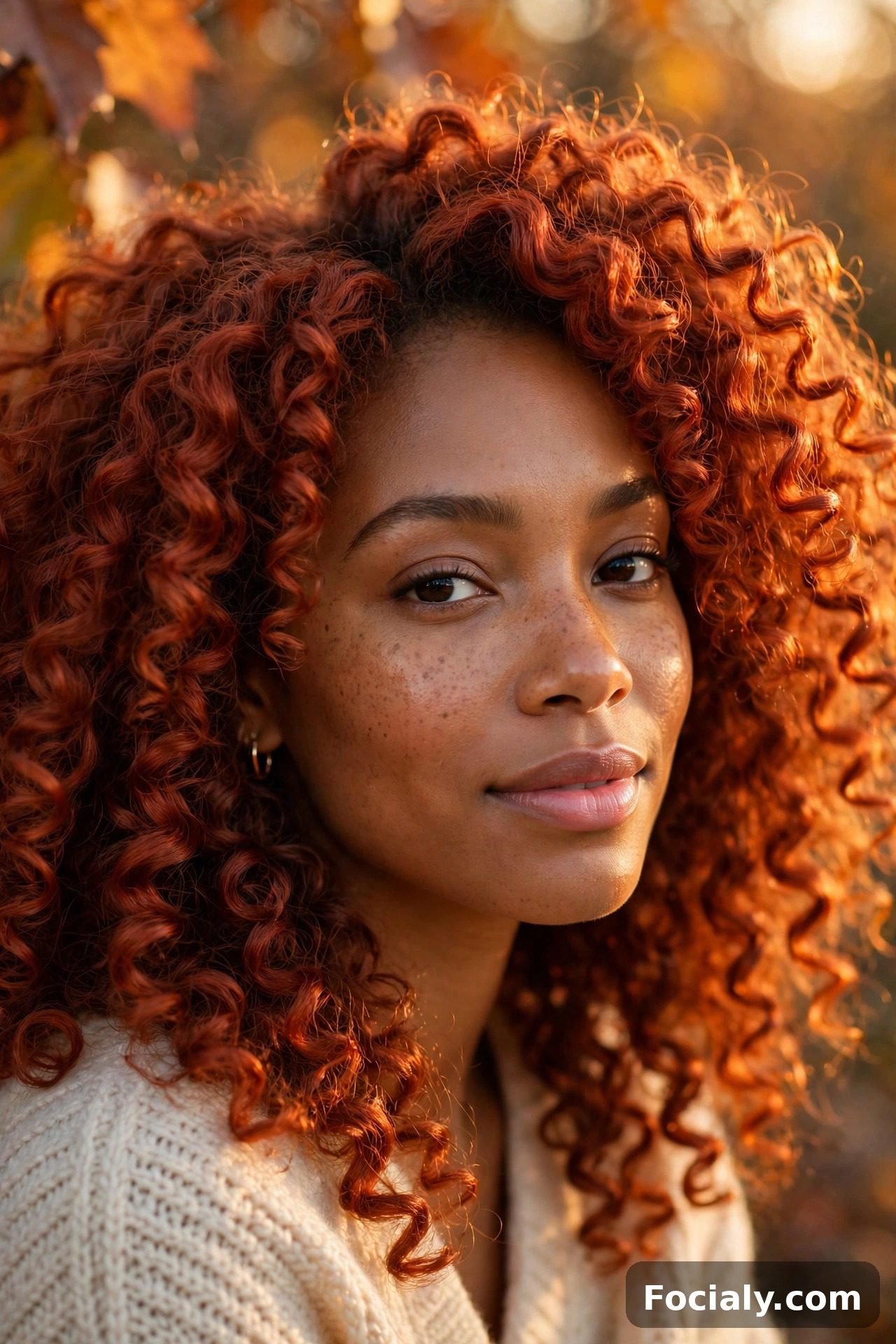 Warm copper red natural curls on Black woman