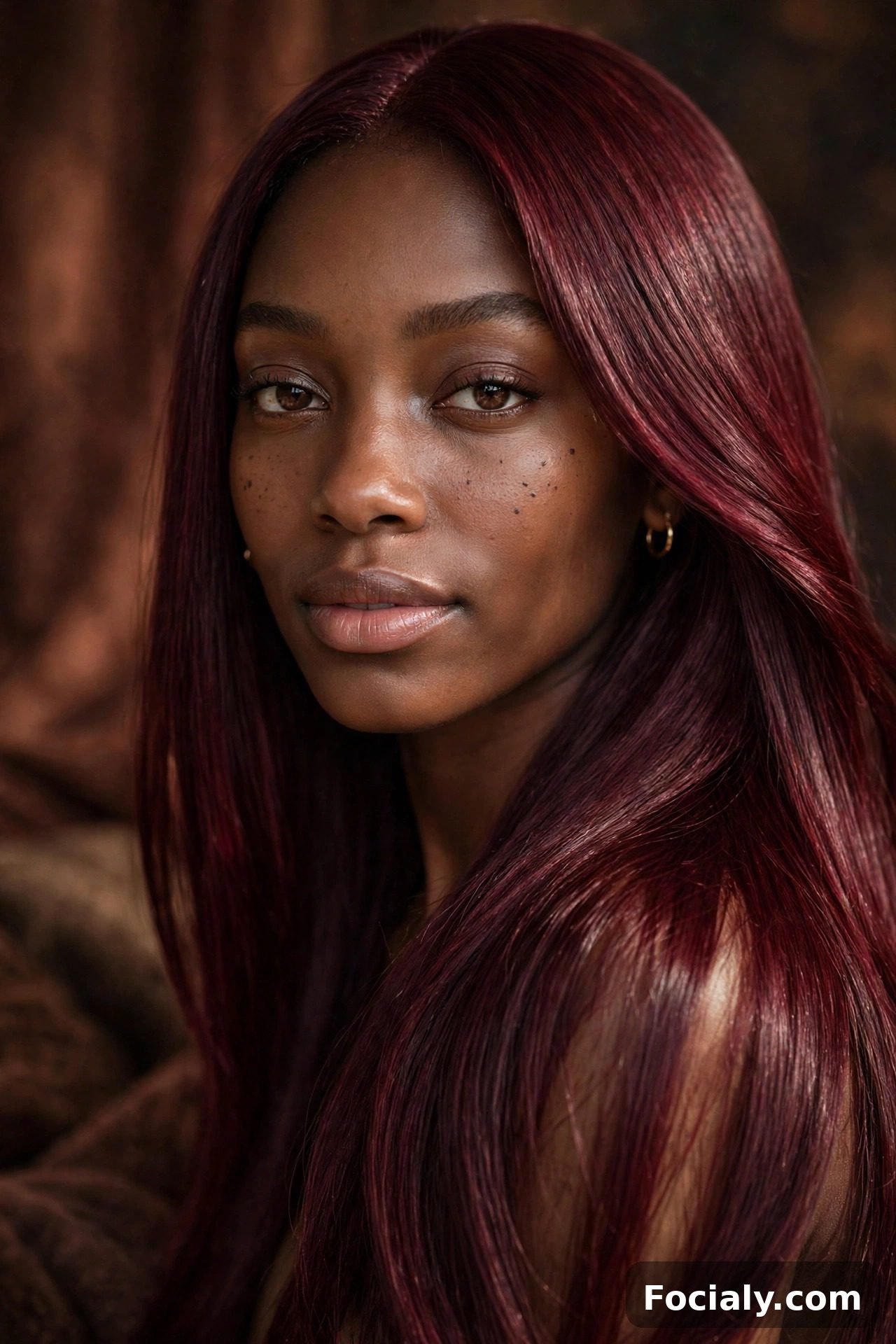 Deep burgundy wine hair color on Black woman