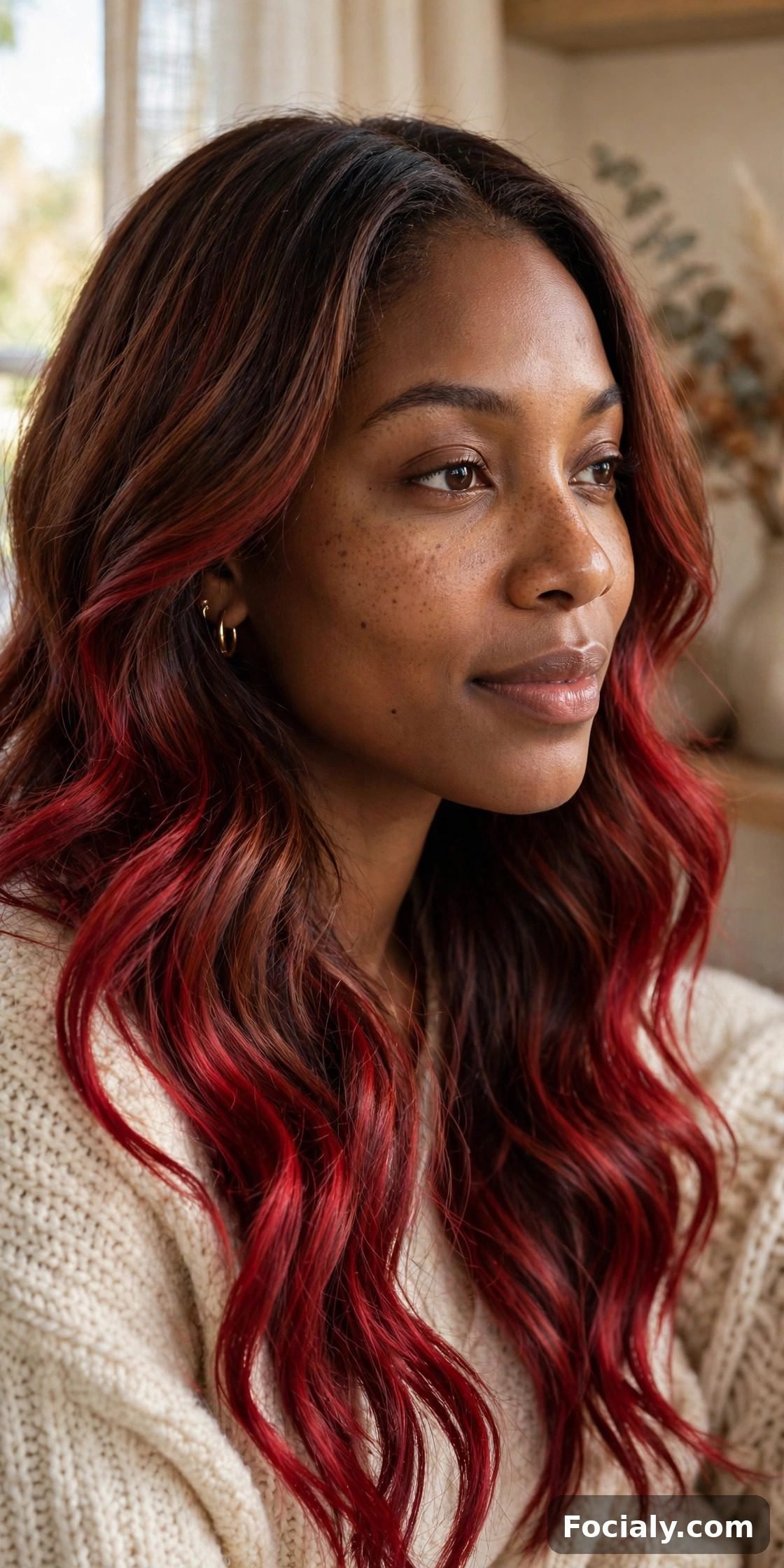 Chocolate cherry balayage on long wavy hair, Black woman