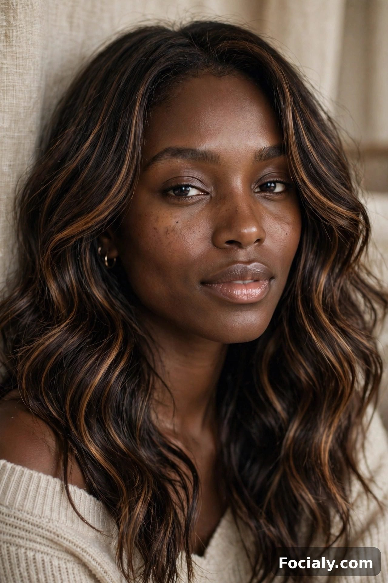Caramel balayage on dark brown hair, Black woman