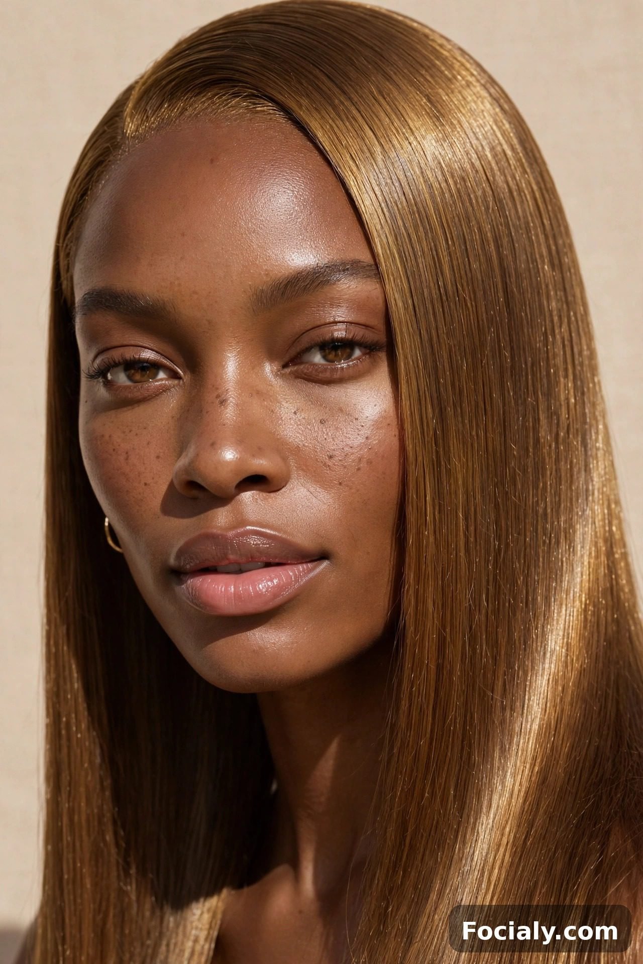 Golden bronze silk press hairstyle on Black woman