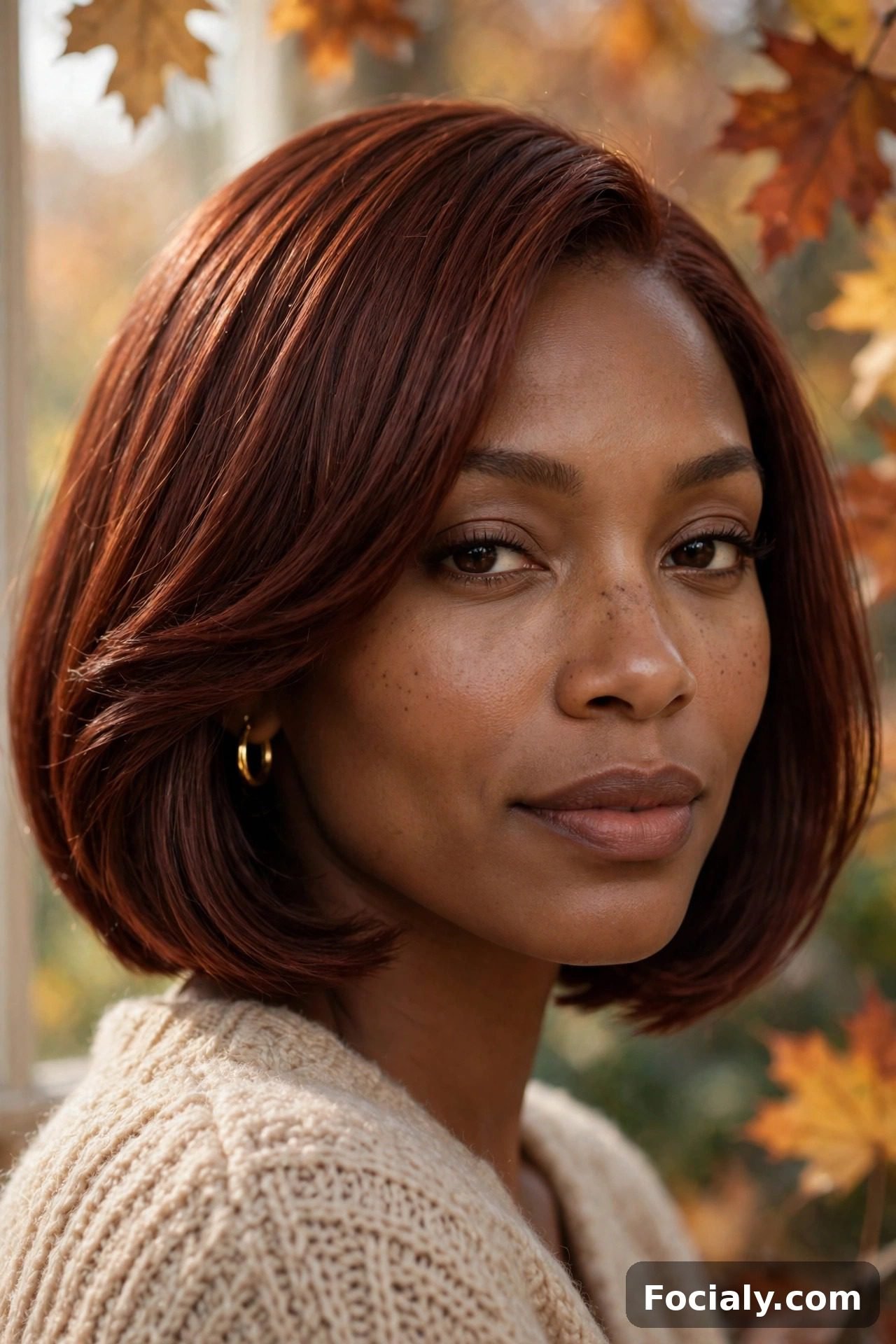 Deep auburn bob haircut on Black woman