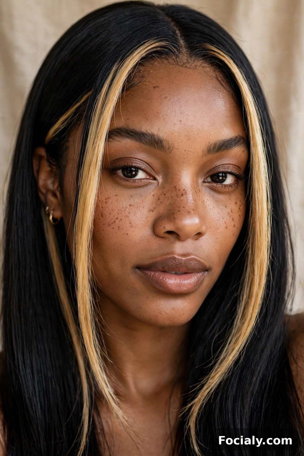 Honey blonde money piece face-framing highlights, Black woman