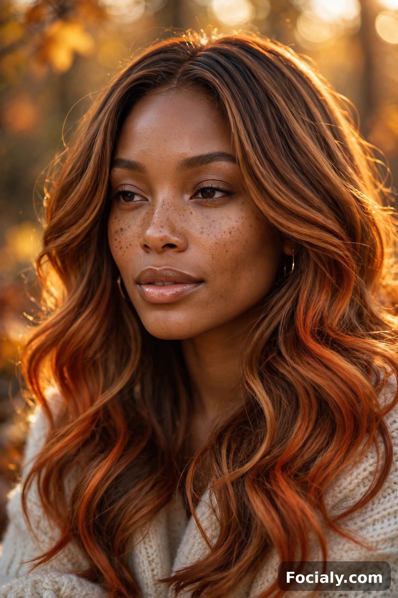 Pumpkin spice color melt on long hair, Black woman