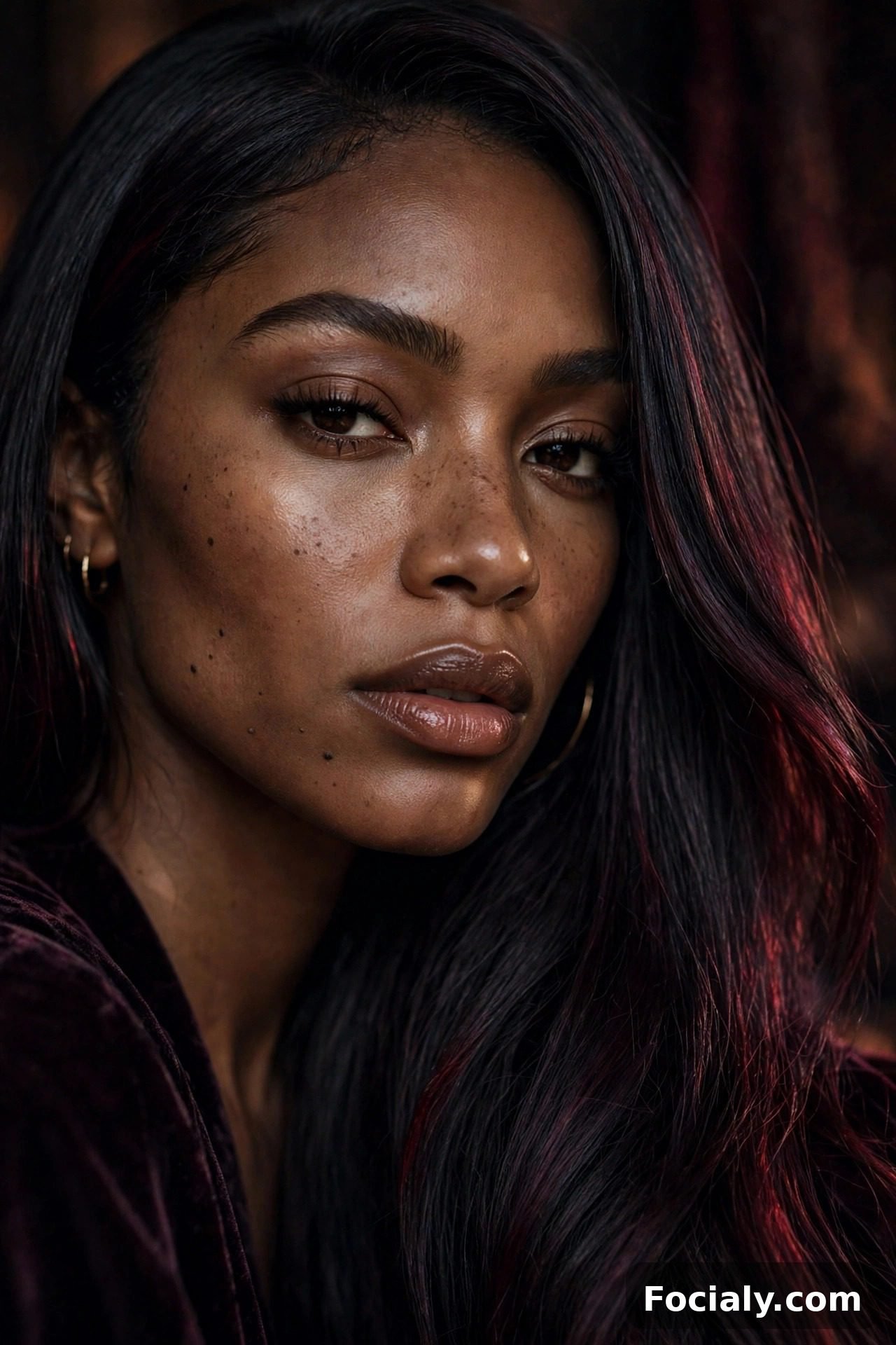 Black cherry hair color with violet-red tint, Black woman