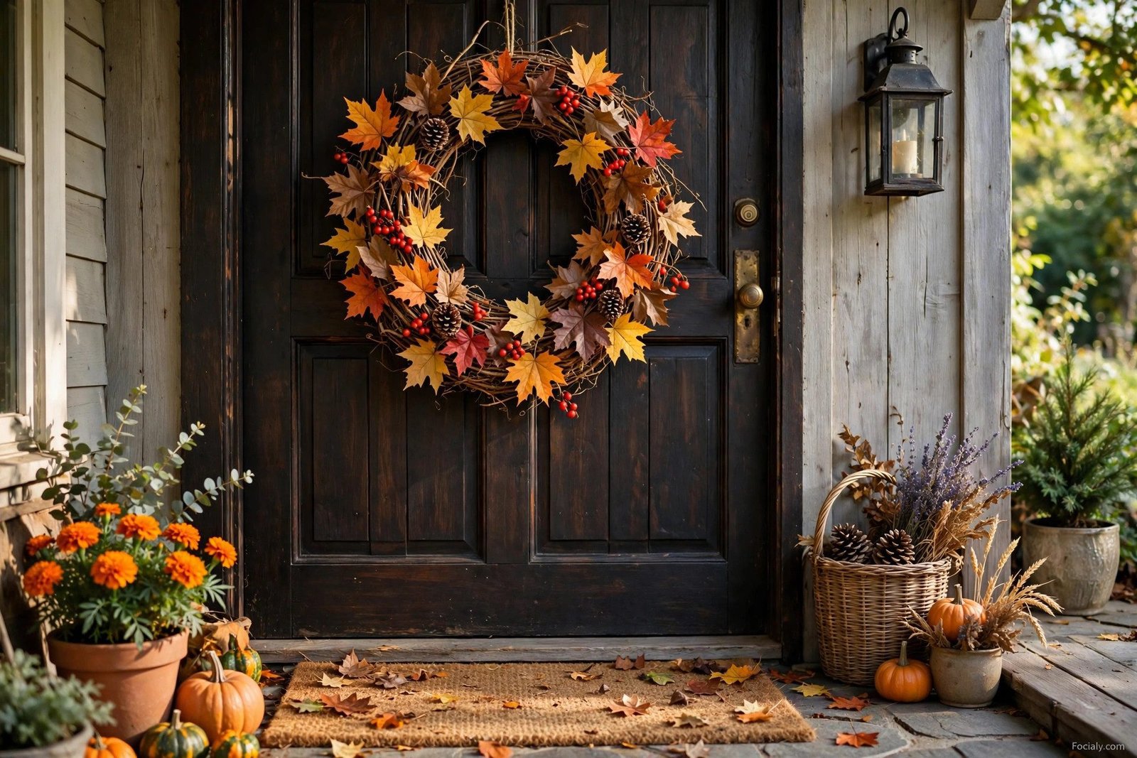 Grapevine wreath with fall leaves and berries on a front door