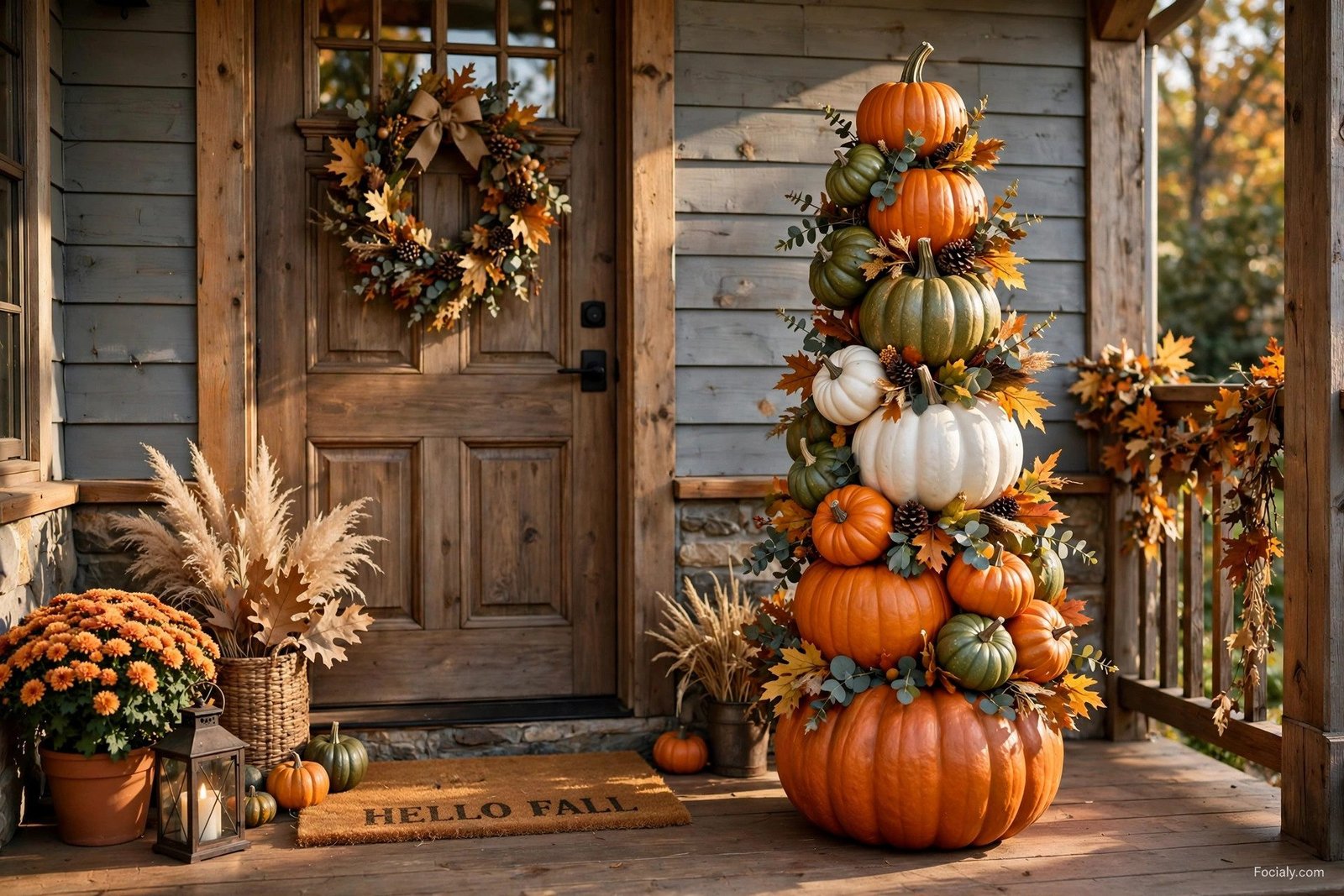 Stacked pumpkin topiary beside a front door