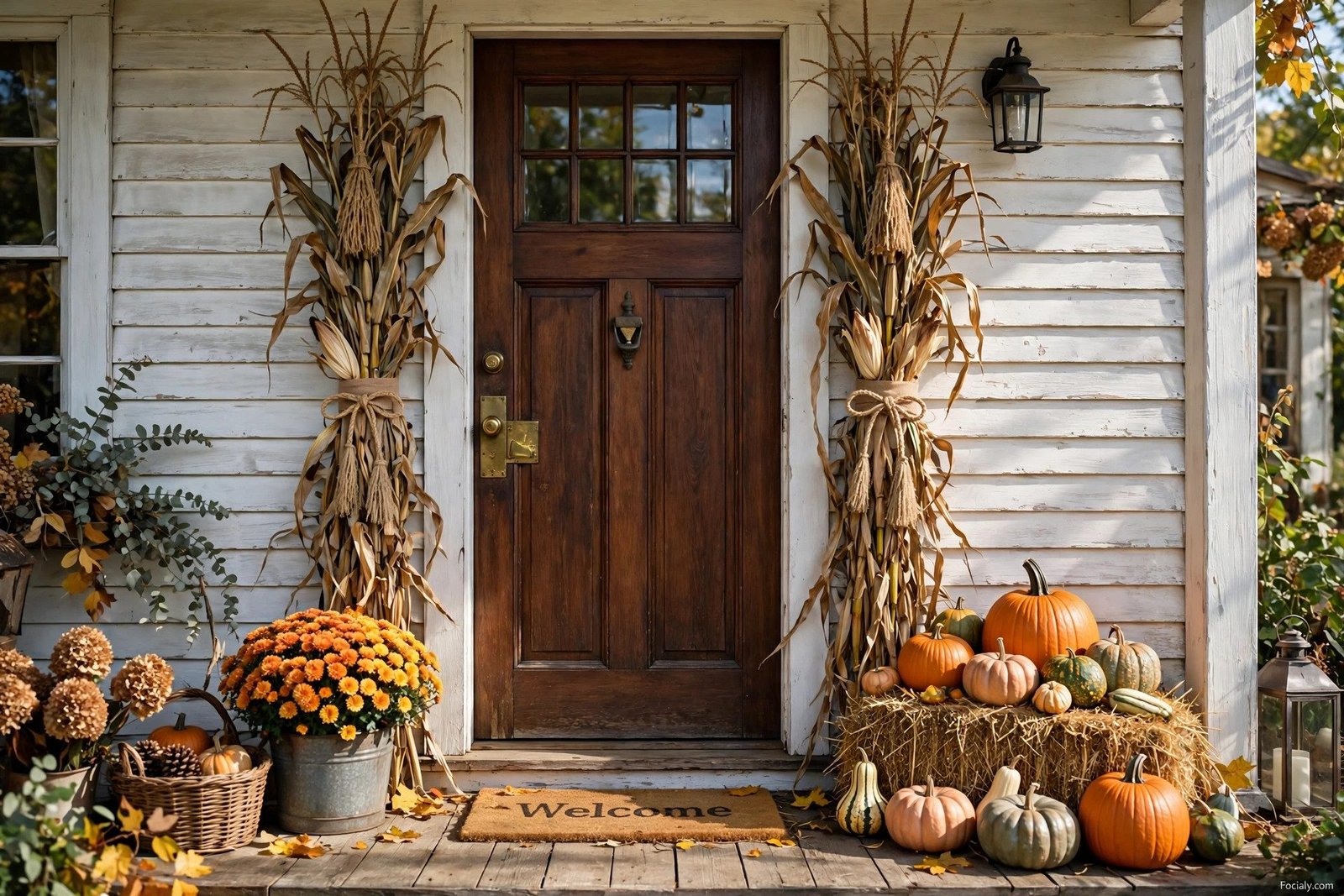 Cornstalks and hay bale with pumpkins by a front door