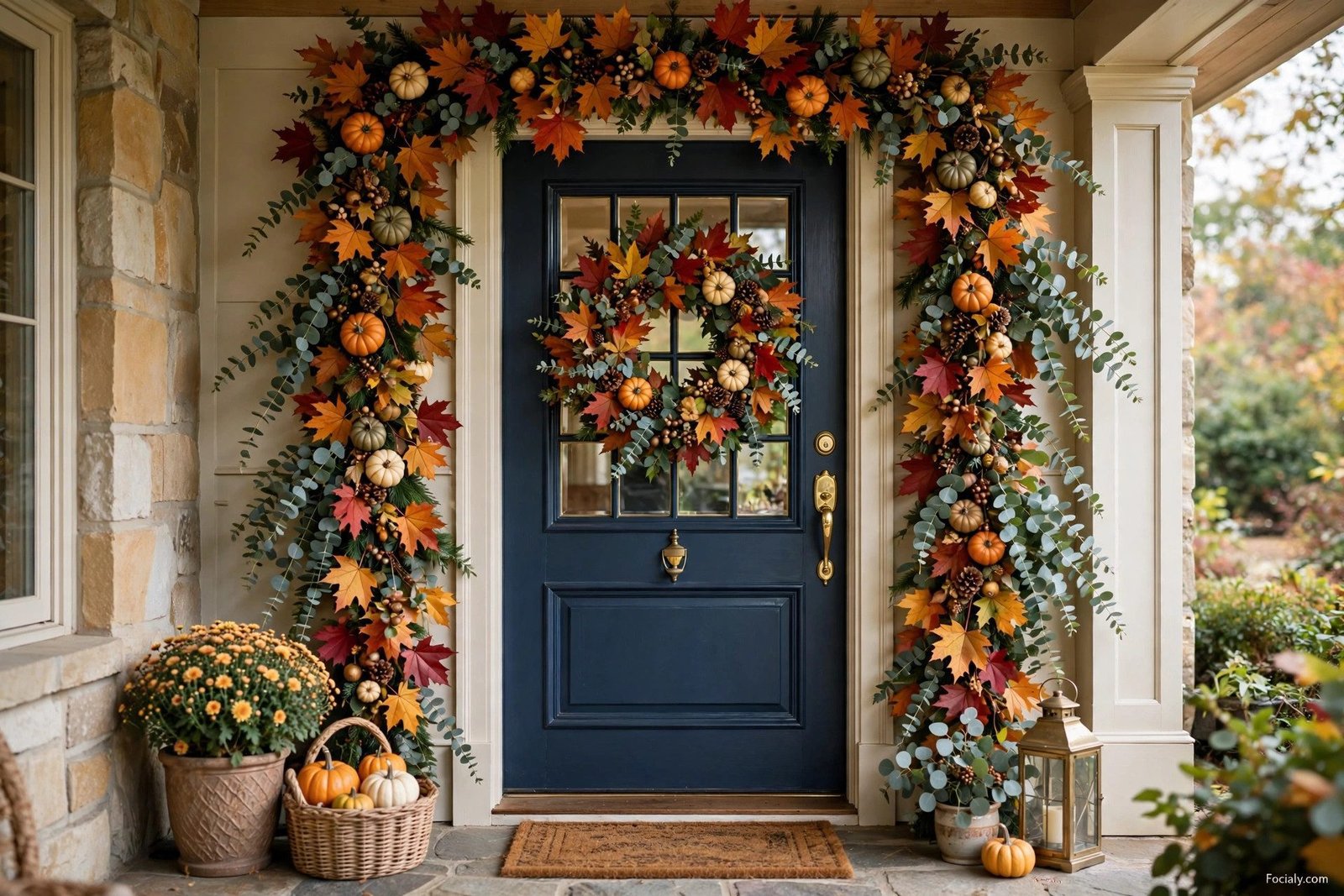 Fall garland framing a front door with matching wreath