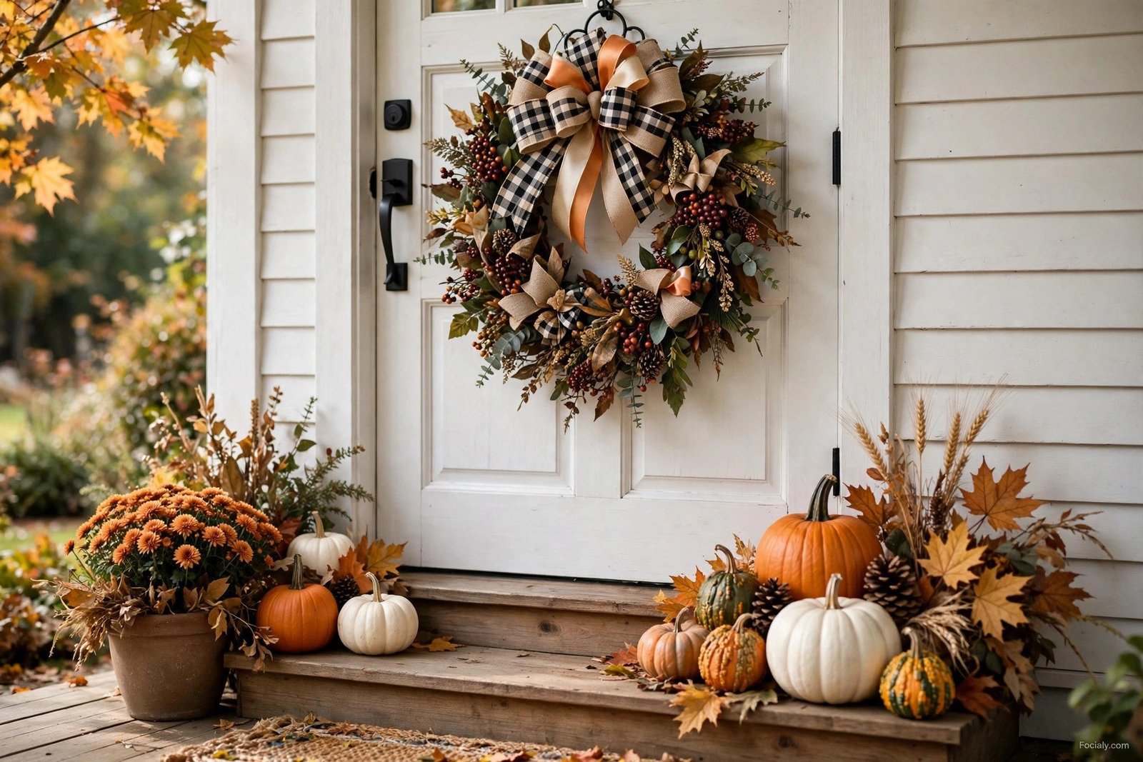 Berry wreath with plaid bow on a white front door