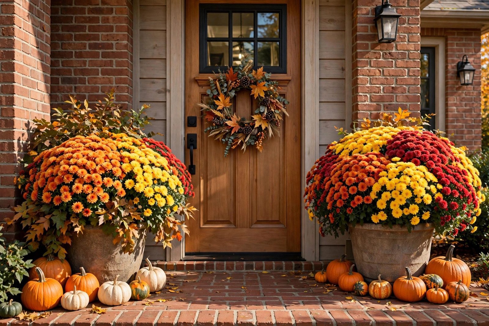 Planters with colorful fall mums on either side of a front door