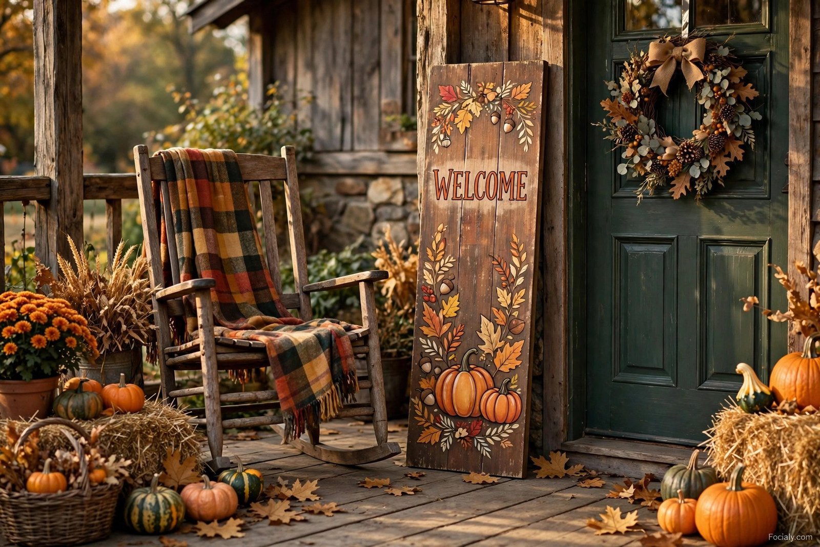 Wooden fall welcome sign leaning by a front door