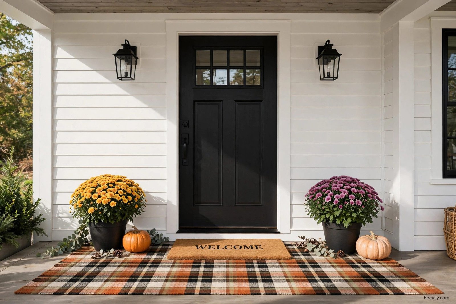 Layered plaid rug and welcome doormat at a front door