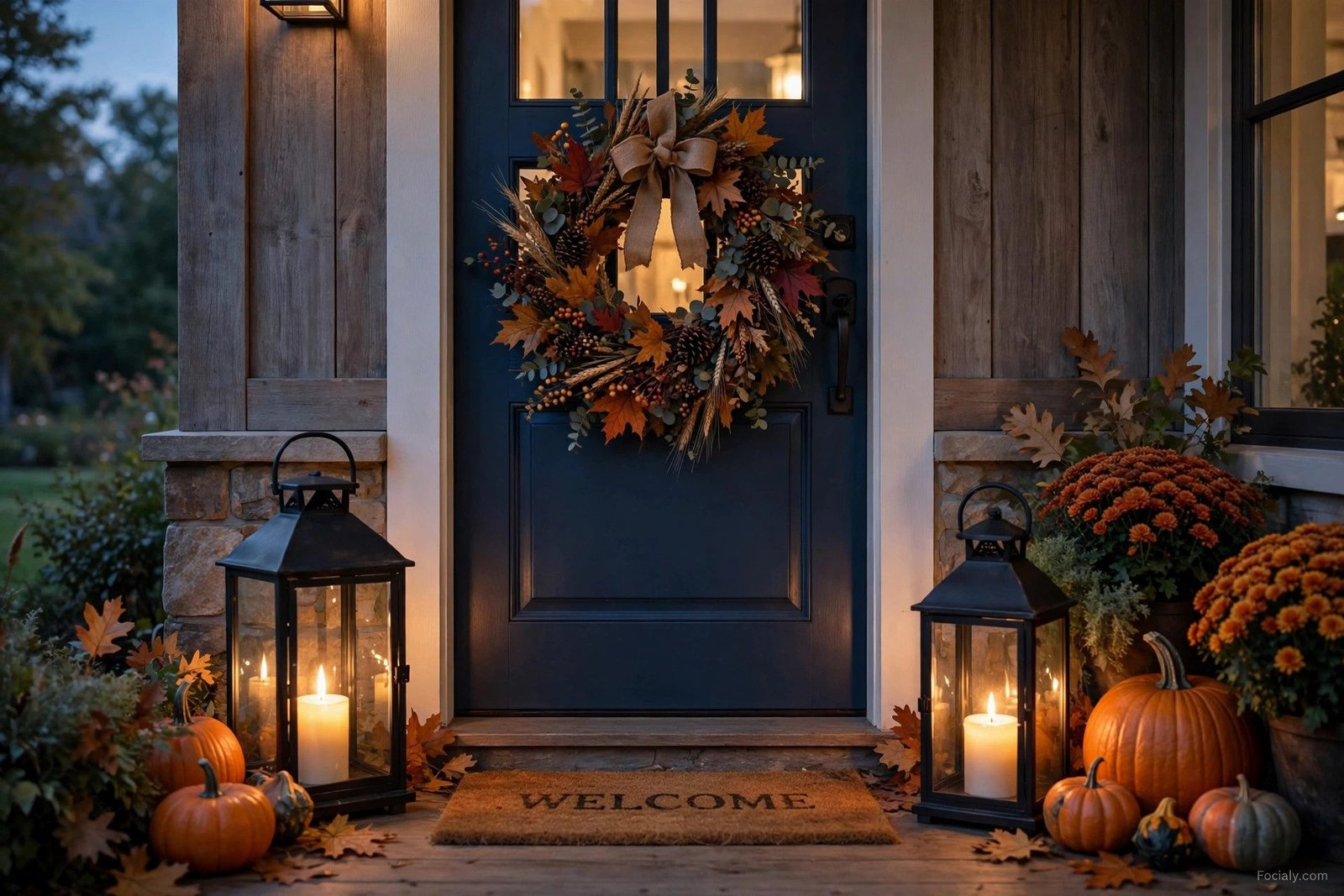 Lanterns with candles beside a fall front door