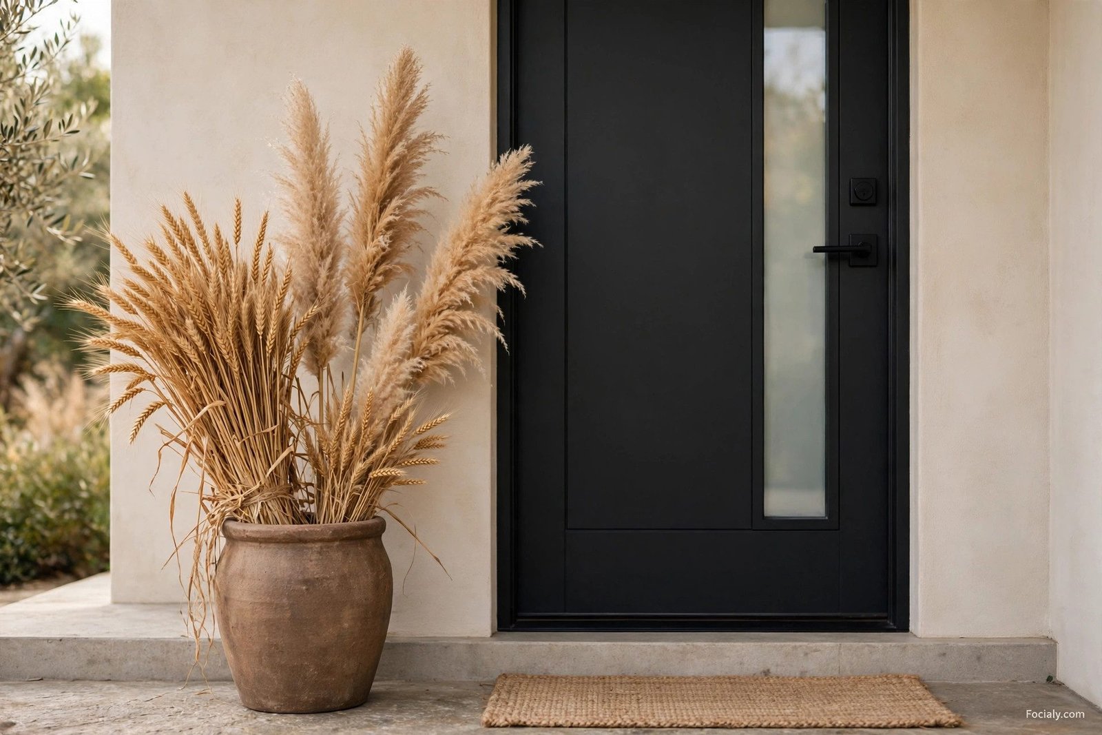 Dried wheat and pampas grass arrangement by a front door