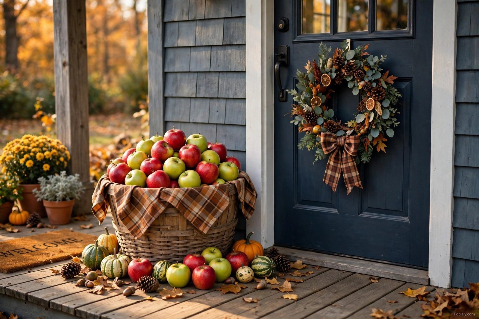 Basket of apples as harvest decor by a front door